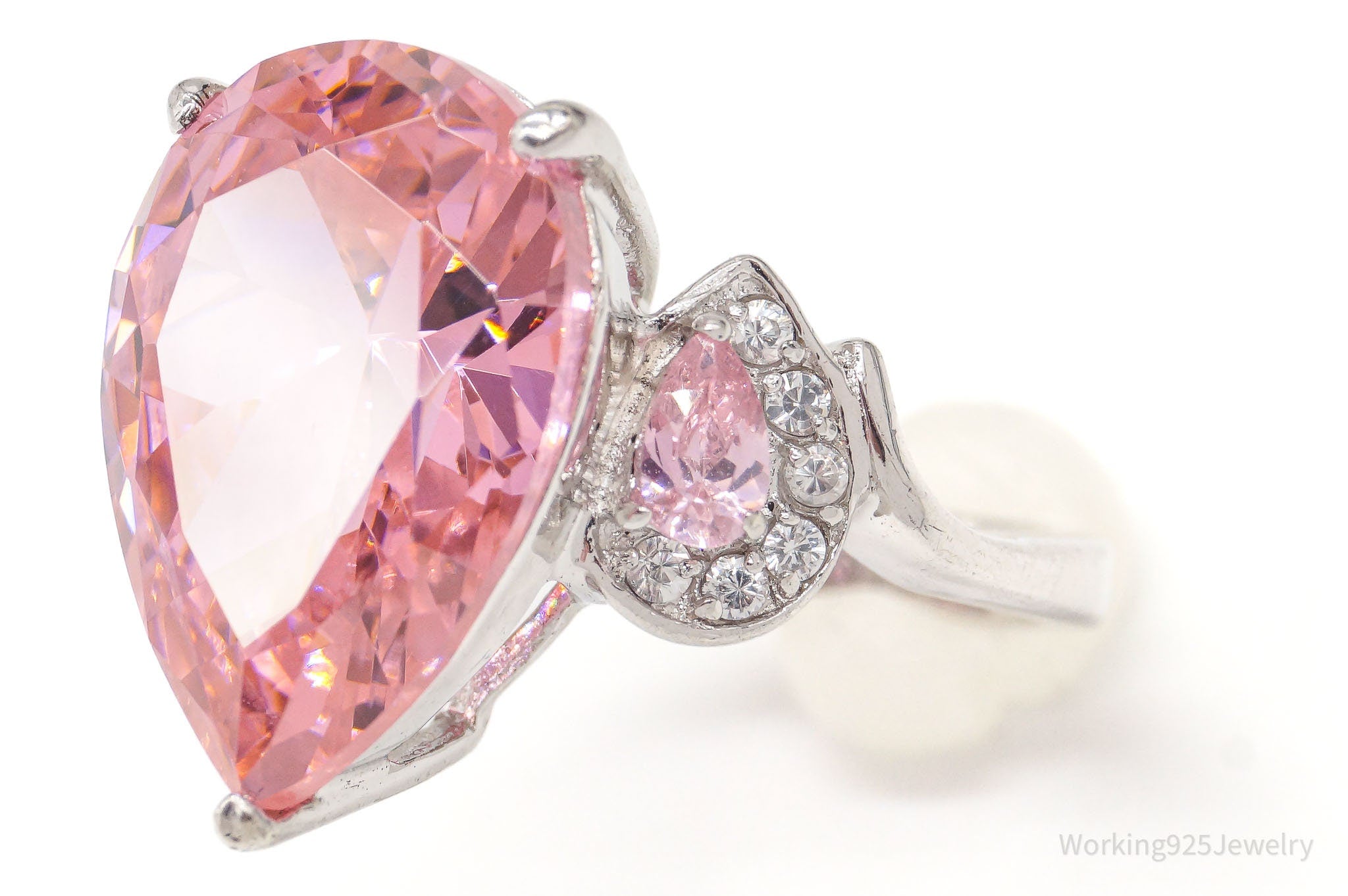 Large Pink & White Cubic Zirconia Sterling Silver Statement Ring - Size 7