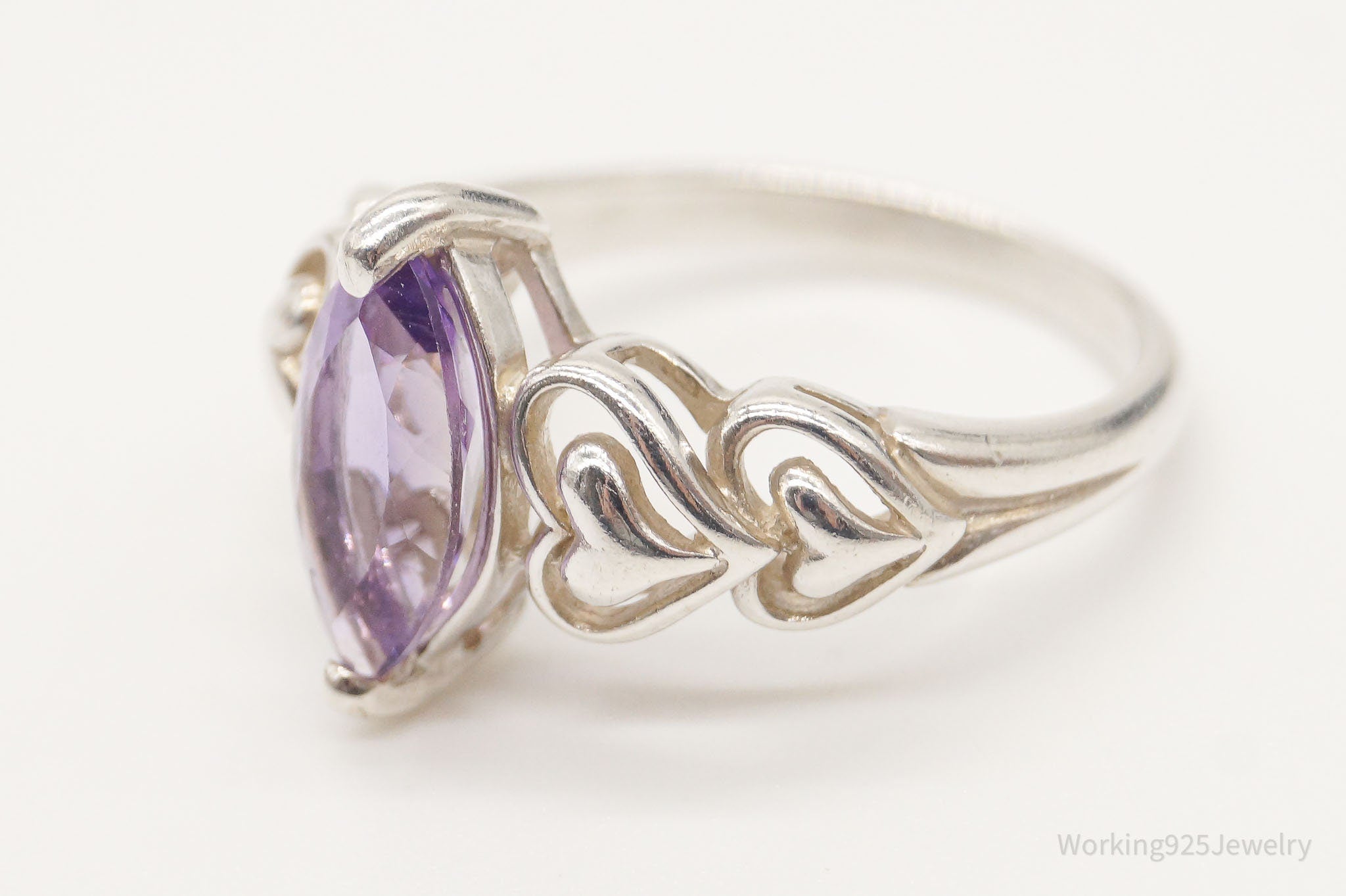 Vintage Amethyst Hearts Sterling Silver Ring - Size 7