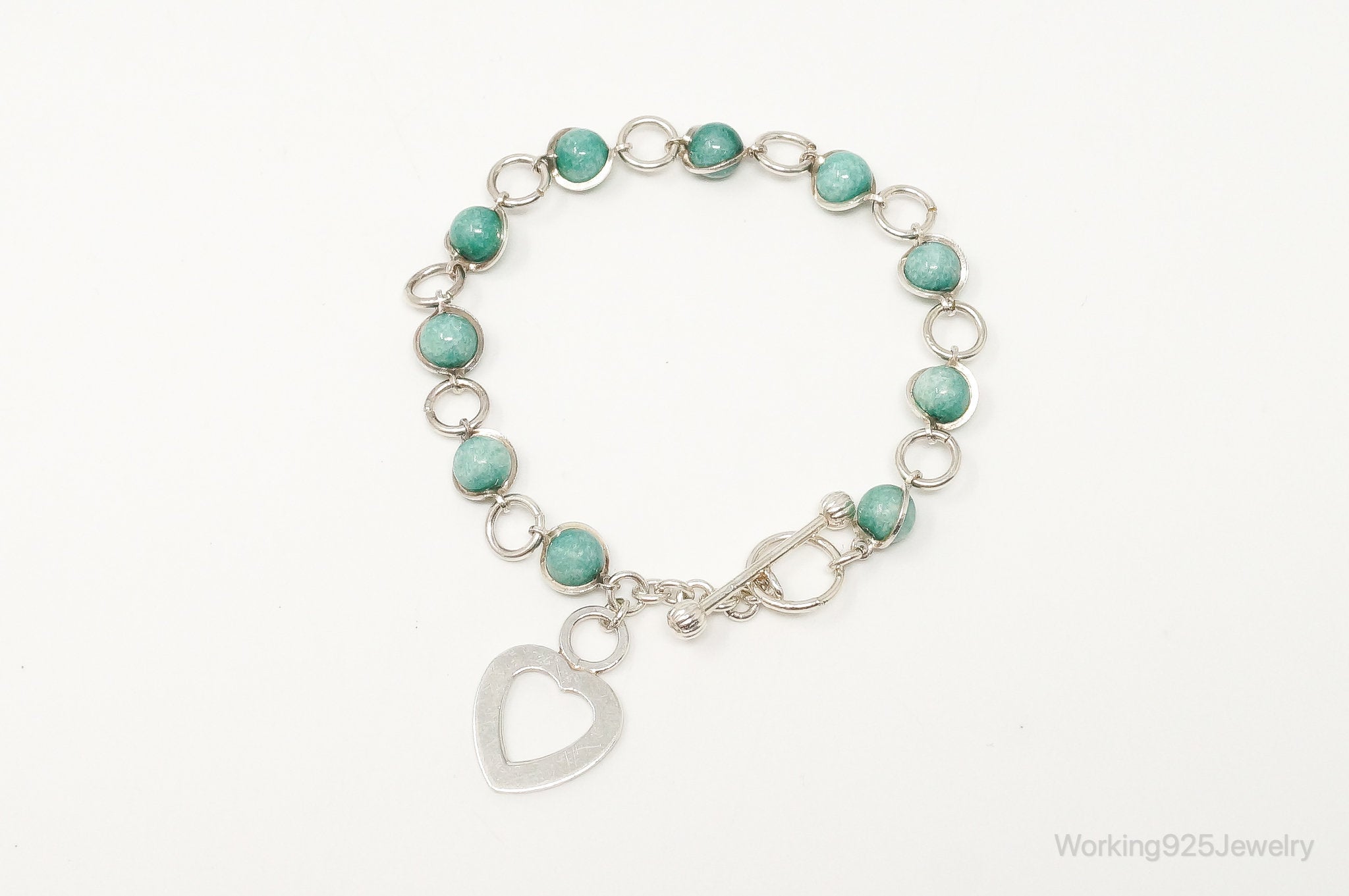 Vintage Amazonite Beads Sterling Silver Heart Charm Toggle Bracelet