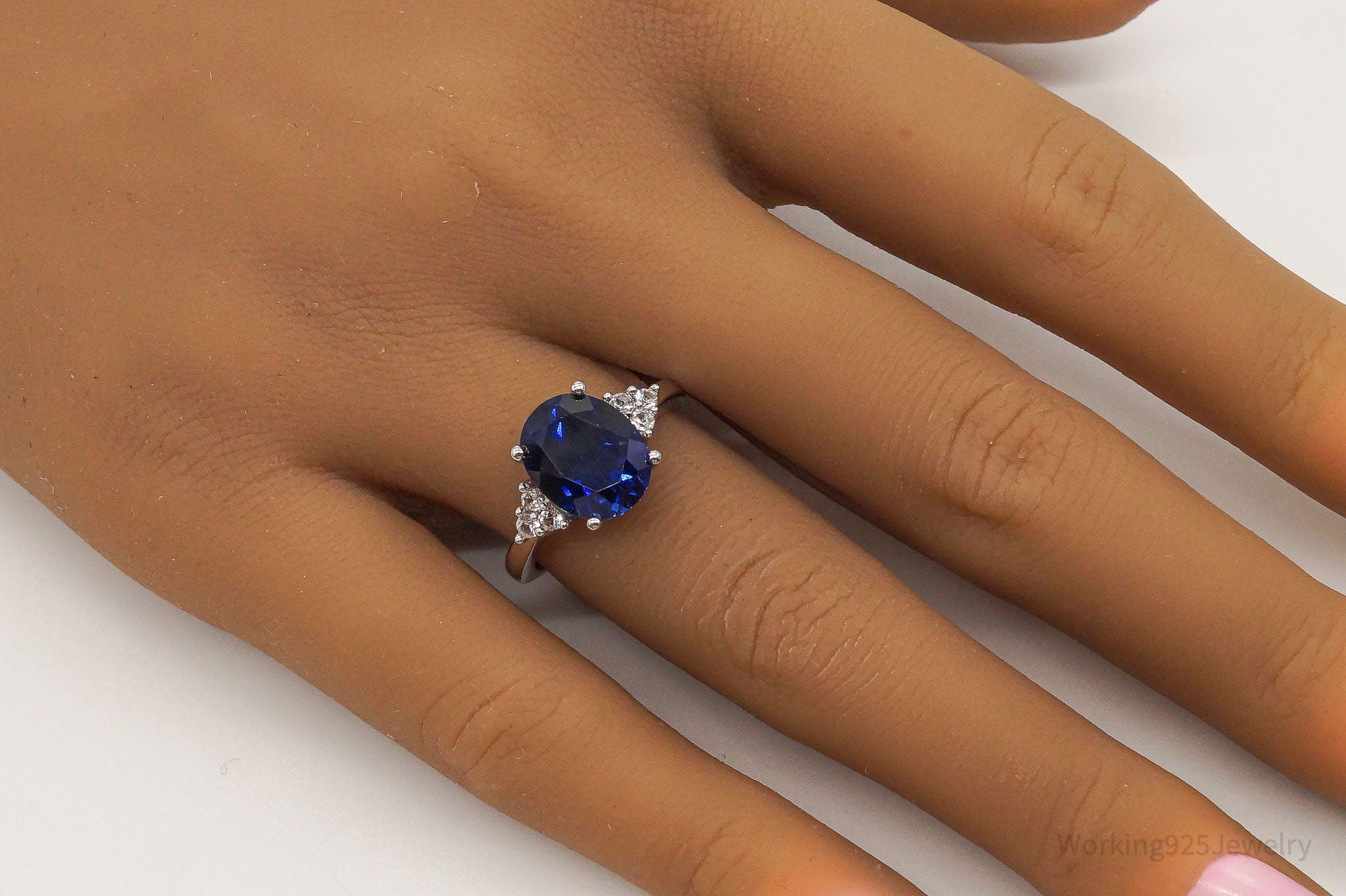 Large Lab Sapphire Cubic Zirconia Sterling Silver Ring - Size 6.75