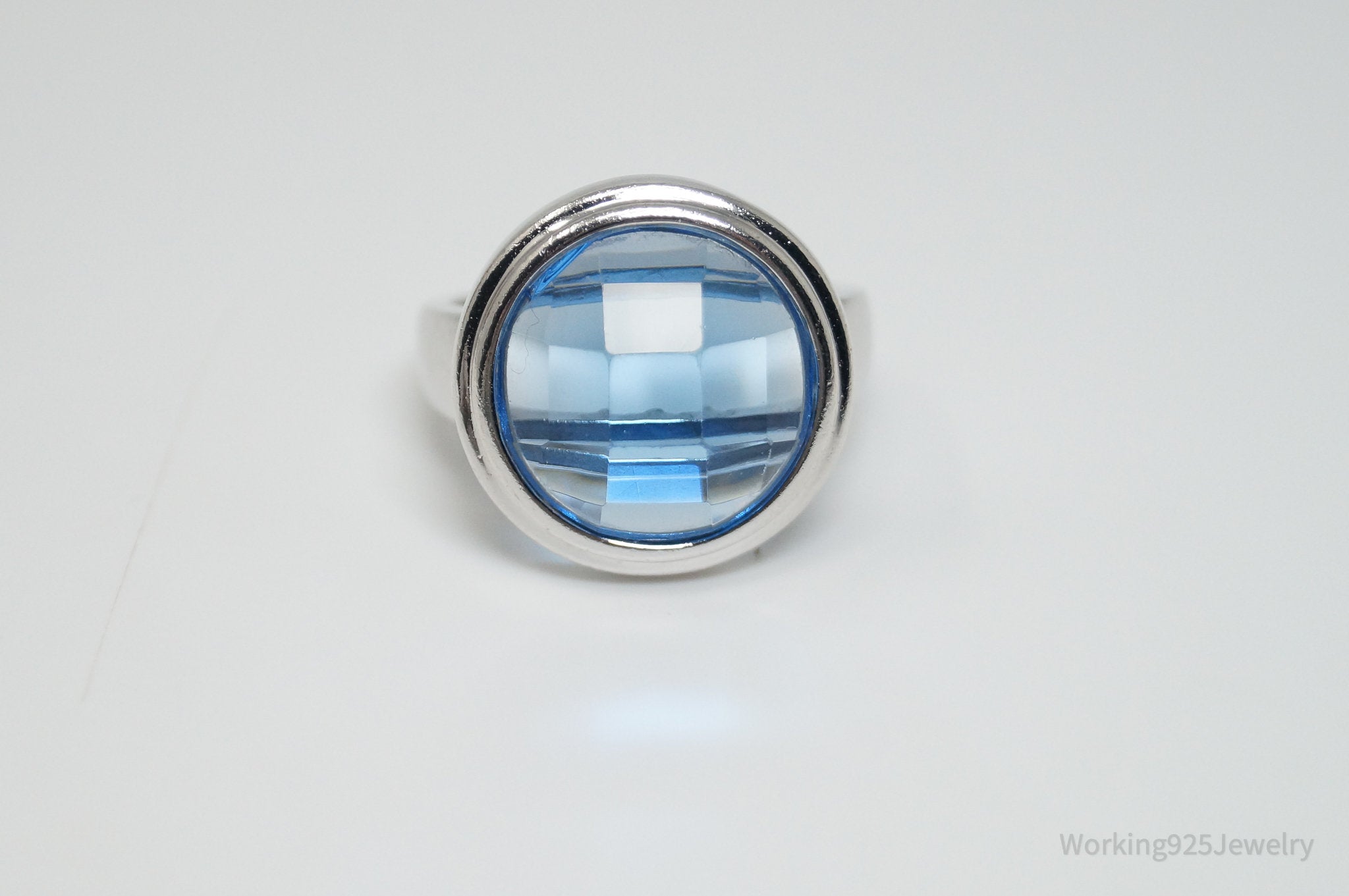 Vintage Checkerboard Blue Topaz Sterling Silver Ring - Sz 7.75