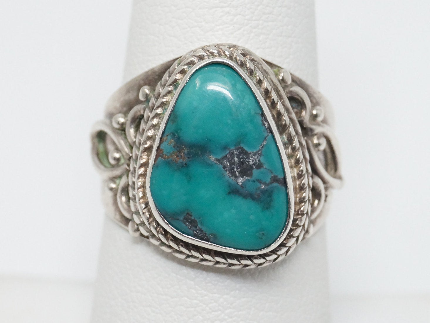 Vintage Bali Style Turquoise Filigree Sterling Silver Ring - Size 7.25