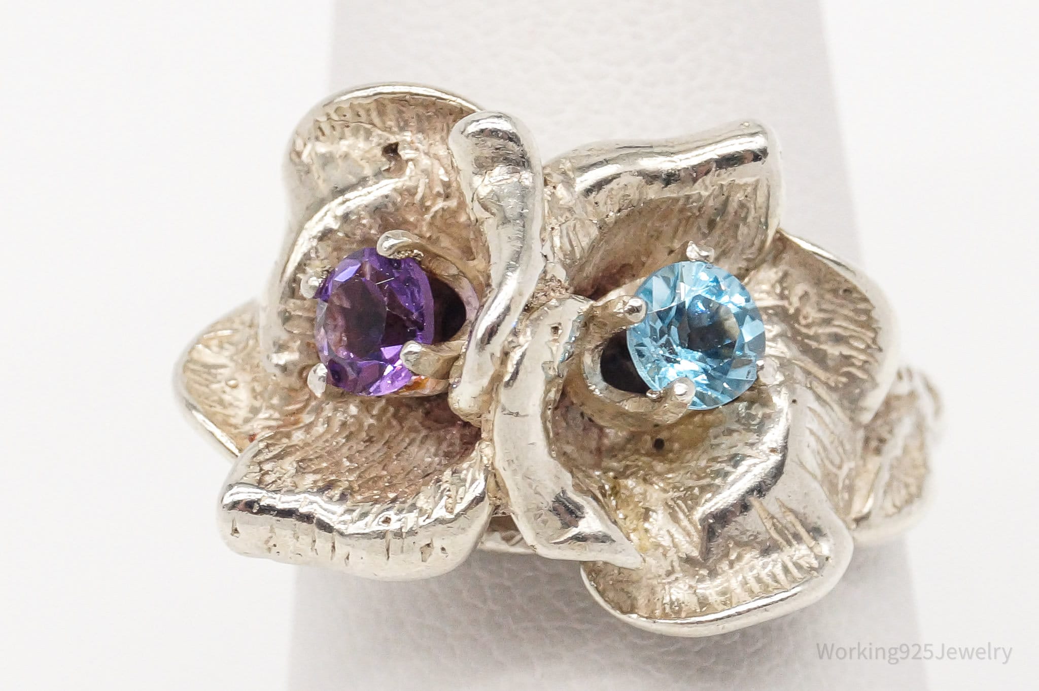 Vintage Blue Topaz Amethyst Silver Ring Size 7.25