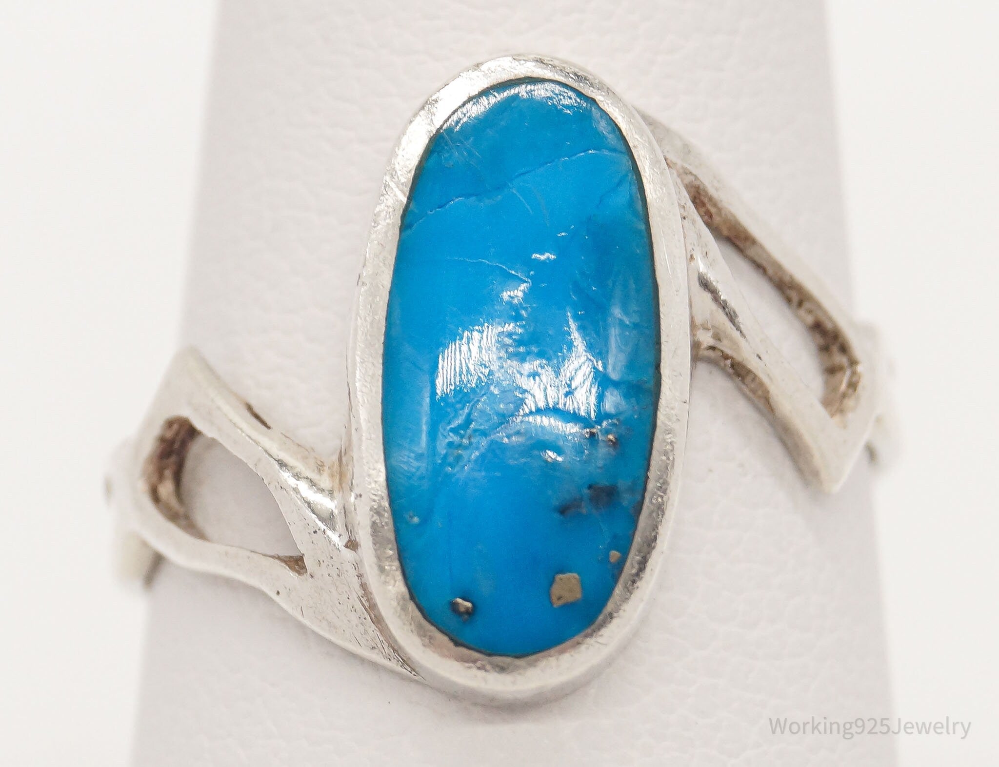 Vintage Blue Turquoise Modernist Sterling Silver Ring - Size 7.25