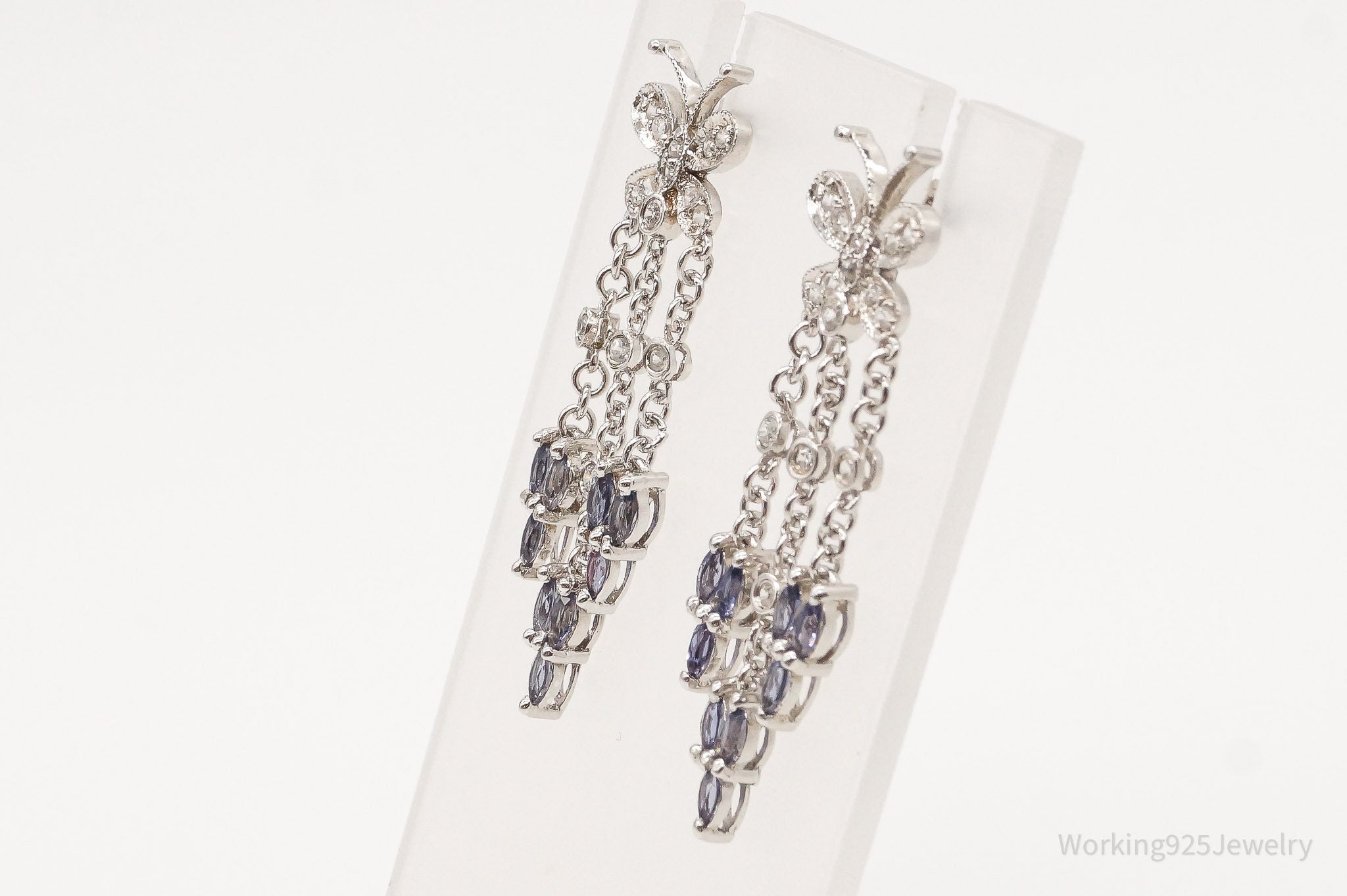 Vintage Iolite Cubic Zirconia Butterfly Sterling Silver Earrings