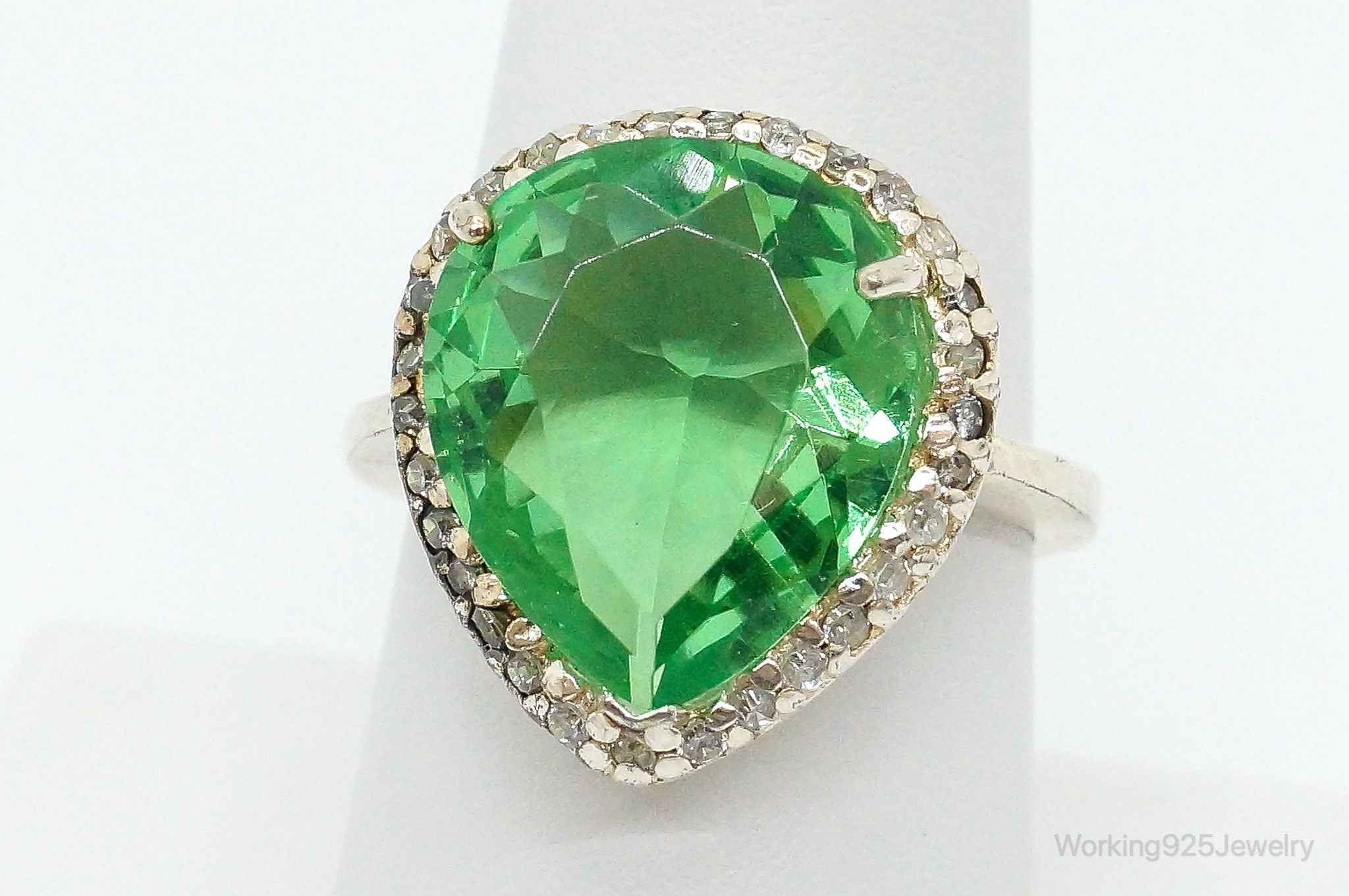 Large Green Glass Cubic Zirconia Sterling Silver Ring Size 7.5