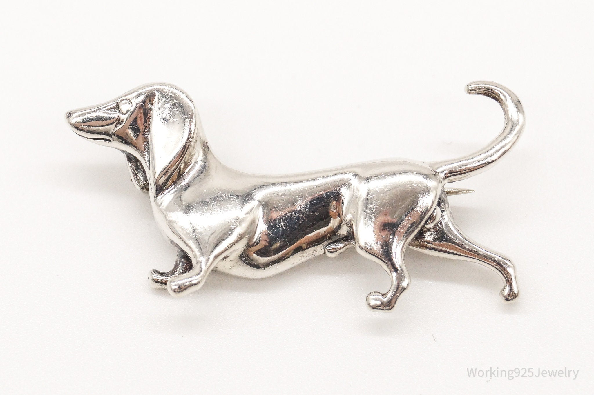 Vintage Designer Jerlaine Dachshund Weiner Dog Sterling Silver Brooch Pin