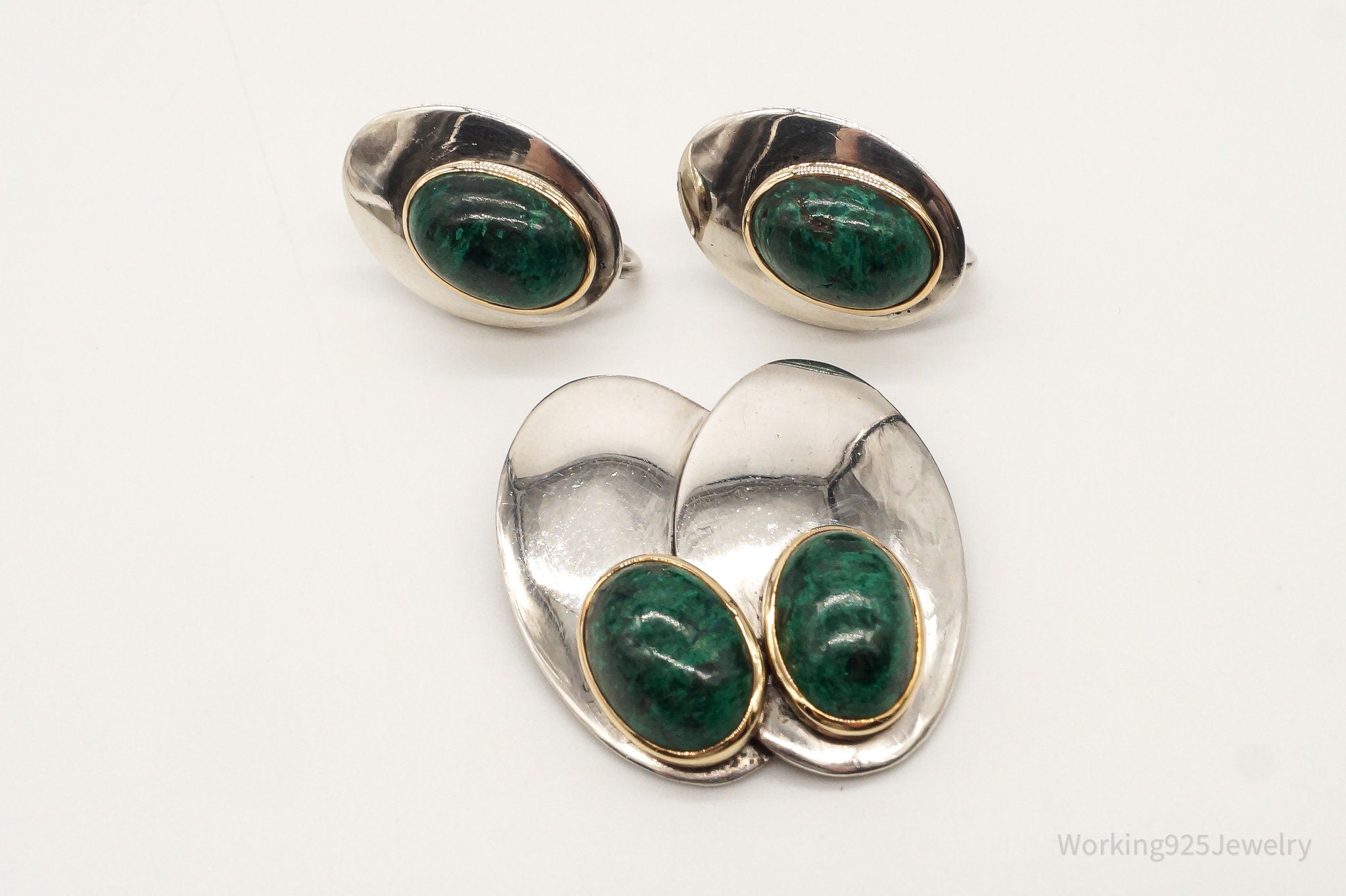 Vintage Carlos Diaz Malachite Gold Sterling Silver Earrings & Brooch Set