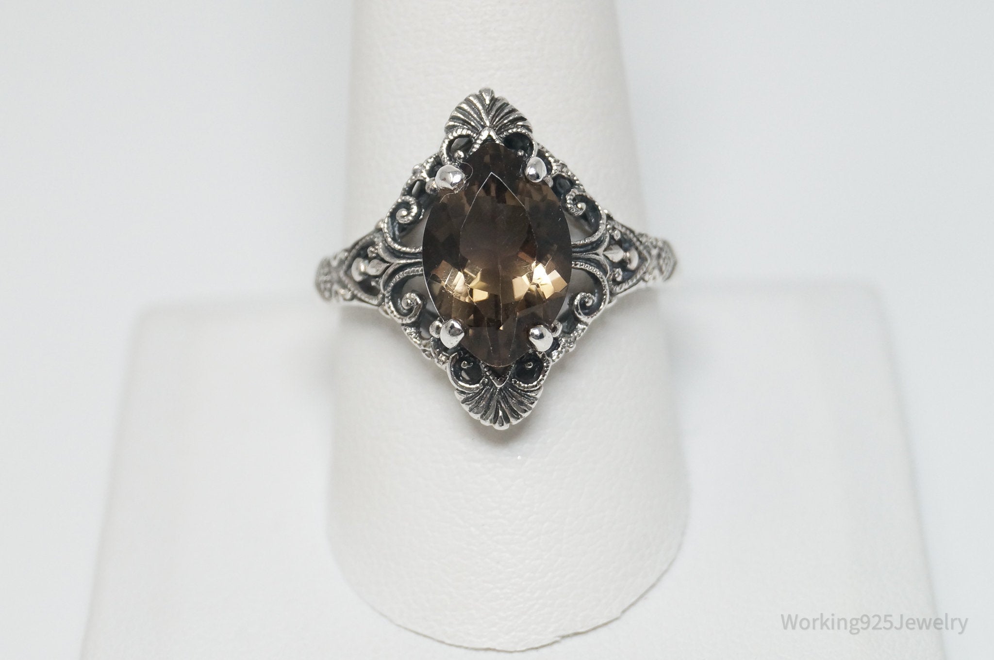 Vintage Designer CNA Smoky Topaz Scroll Sterling Silver Ring - SZ 9.75