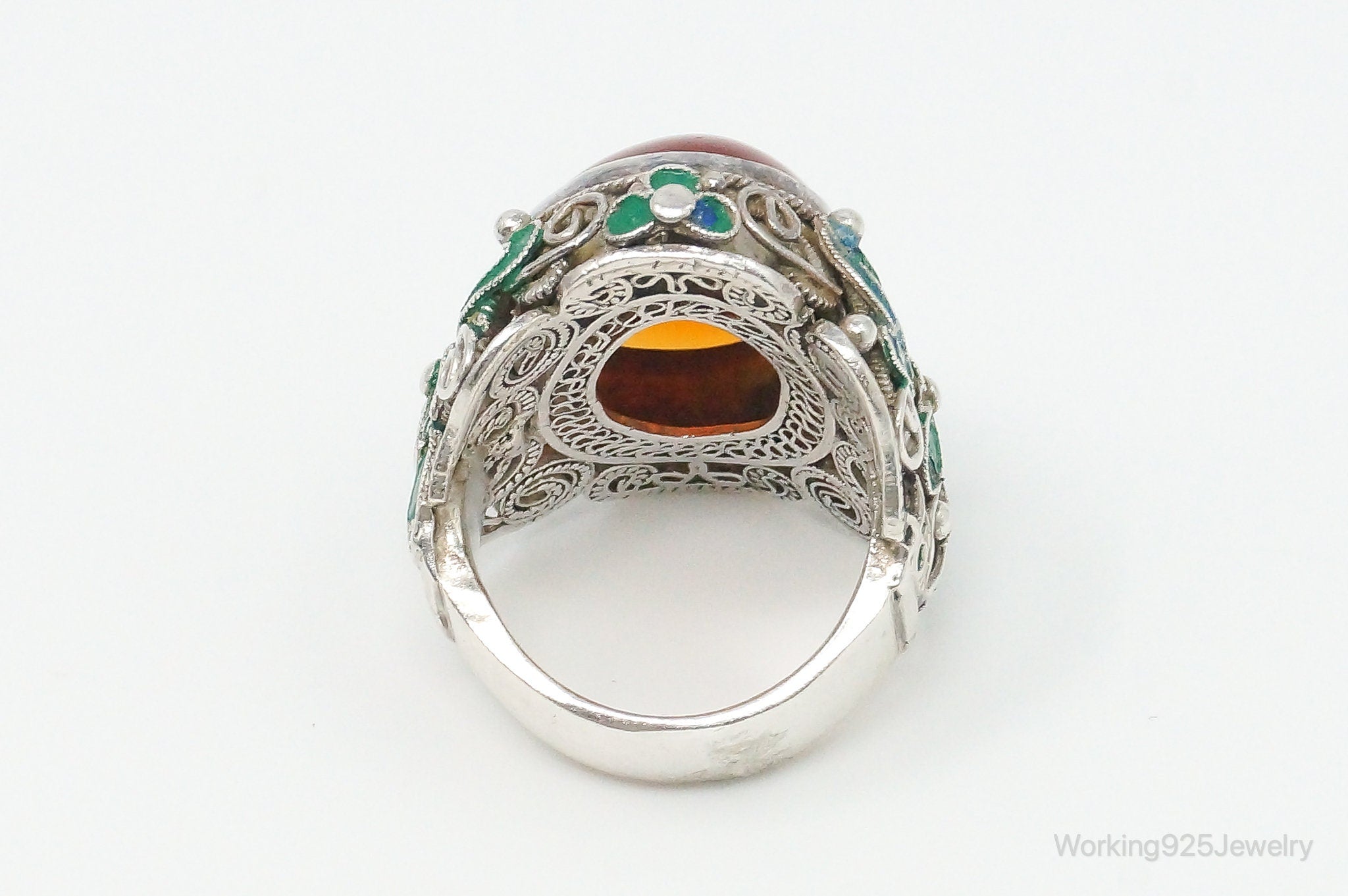 Vintage Large Carnelian Enamel Filigree Silver Ring - Size 5.25