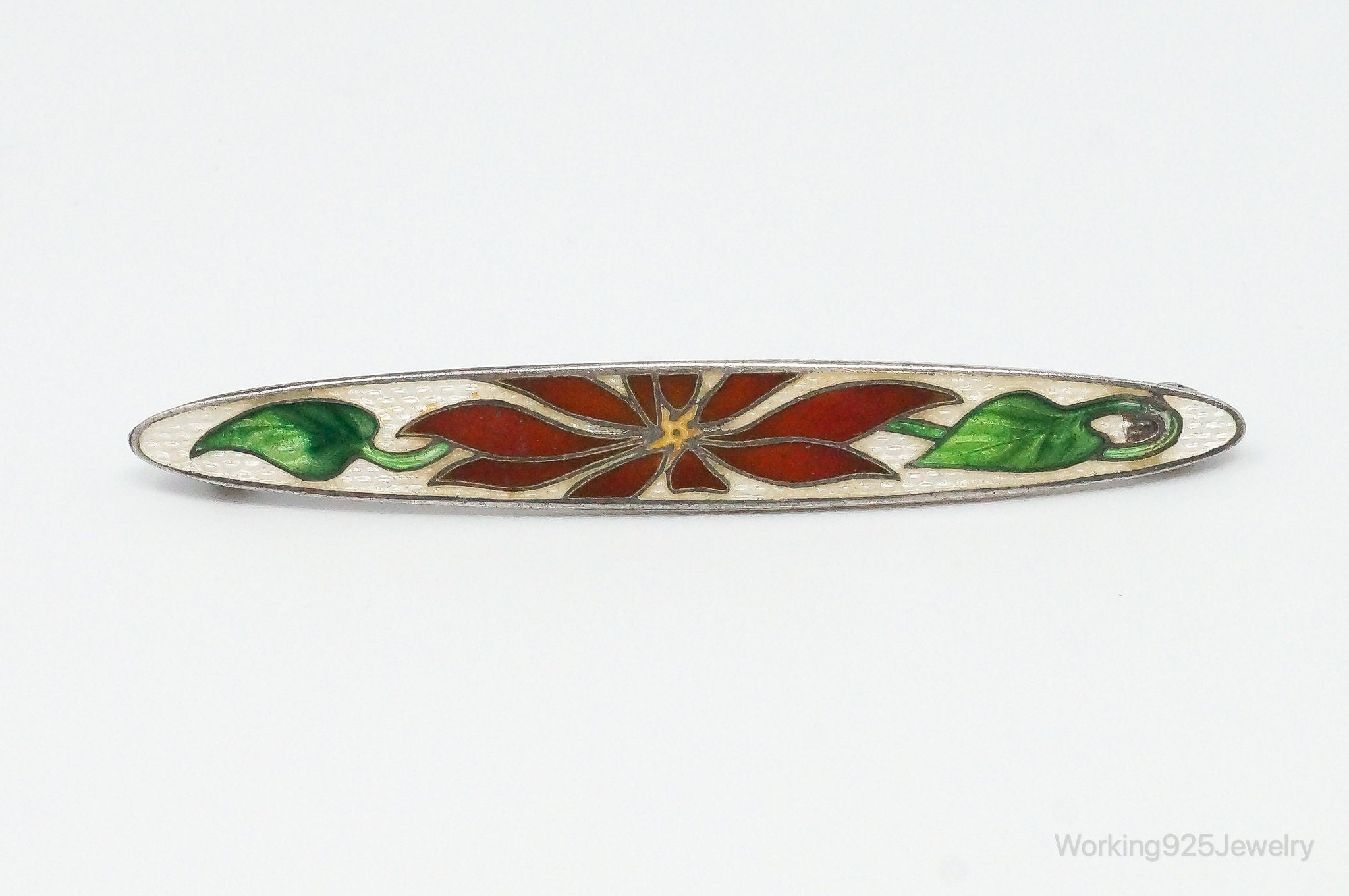 Antique Red Flower & Vine Enamel Scarf Sterling Silver Brooch Pin