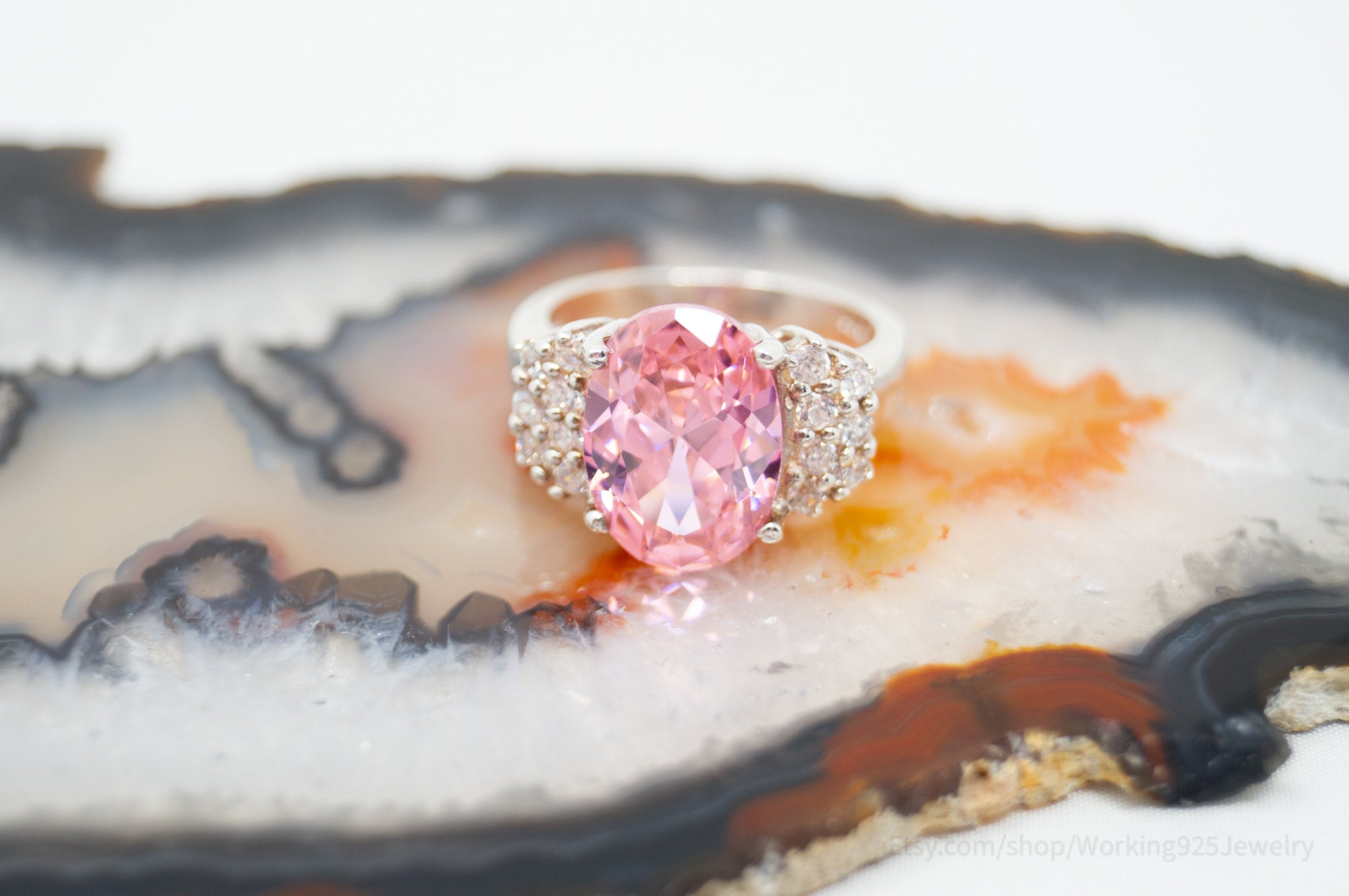 Vintage Art Deco Style Pink Topaz Cz Statement Ring Sterling Silver - Size 7.5