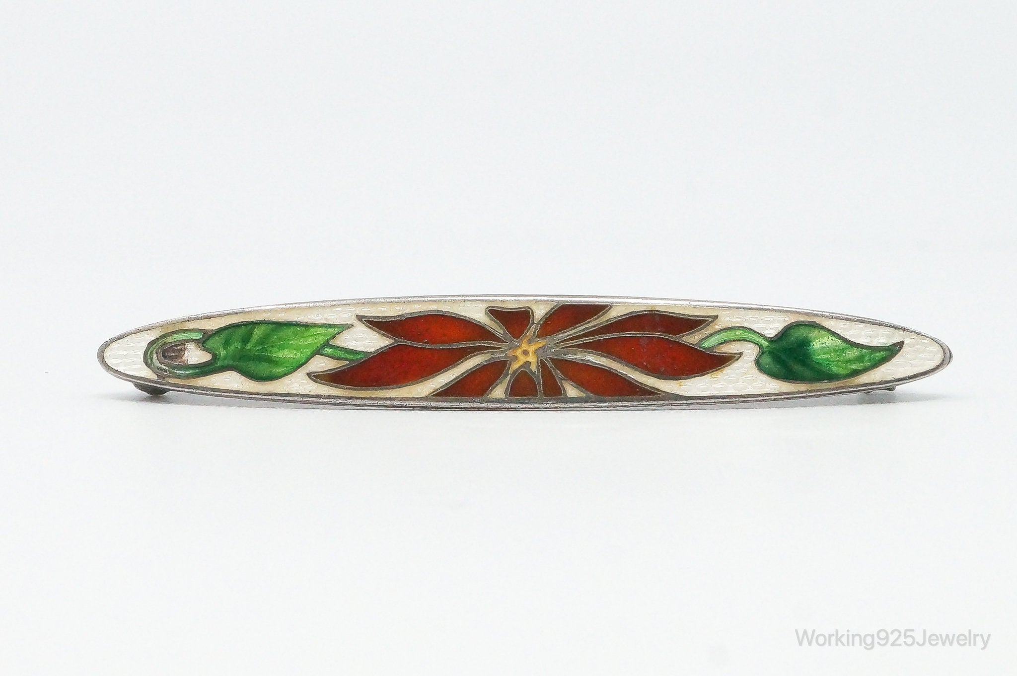 Antique Red Flower & Vine Enamel Scarf Sterling Silver Brooch Pin