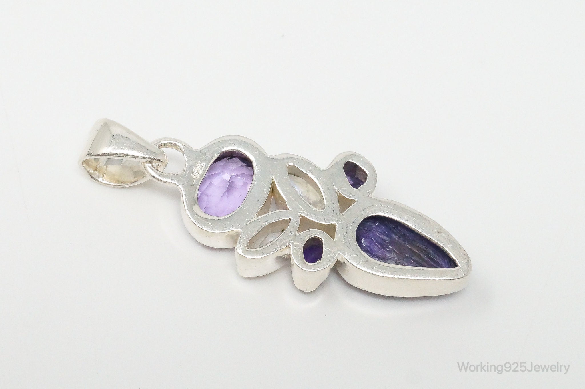 Large Vintage Charoite Amethyst Moonstone Sterling Silver Necklace Pendant