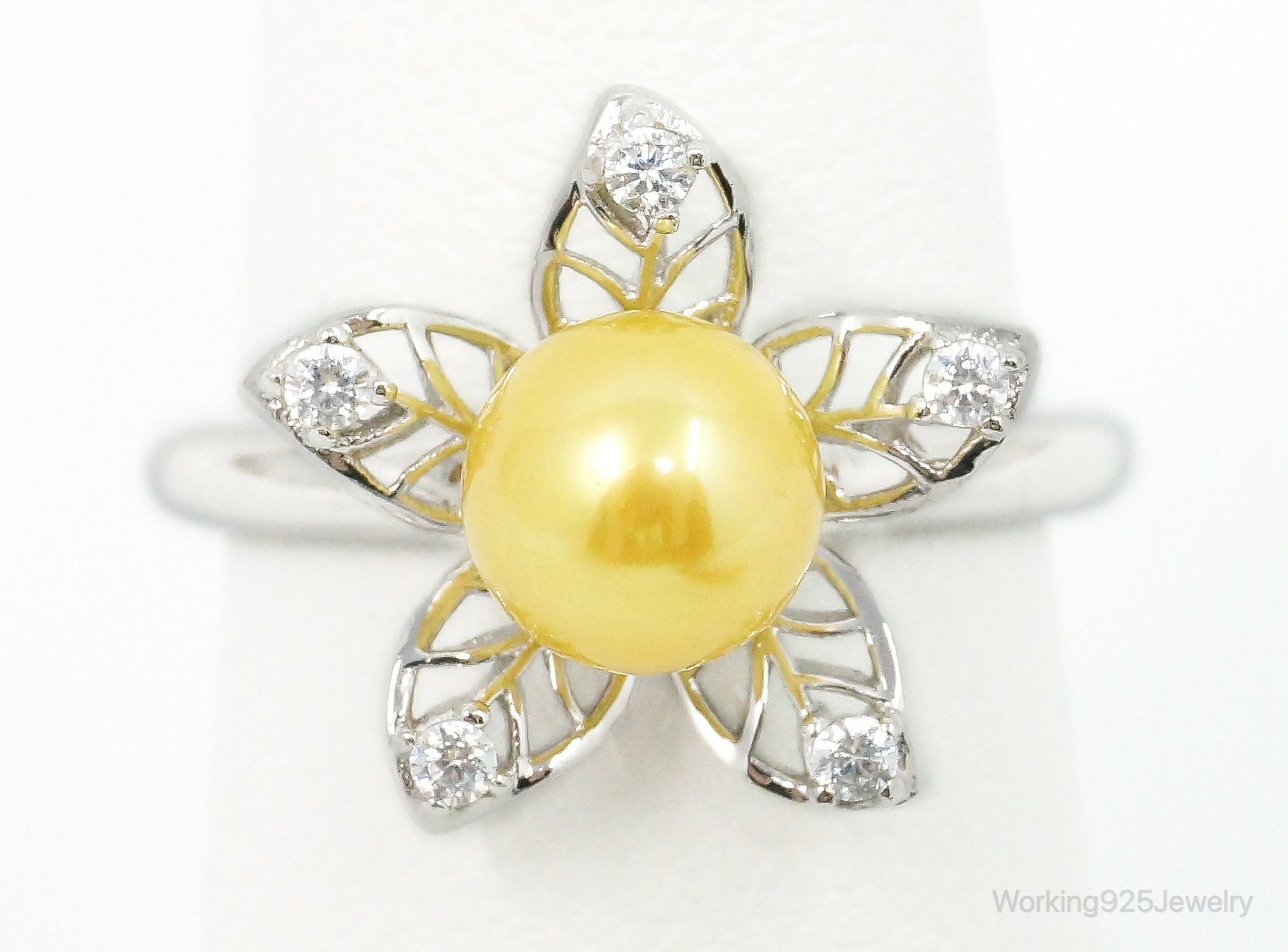 Faux Yellow Pearl Cubic Zirconia Flower Sterling Silver Ring SZ 5.75 Adjustable