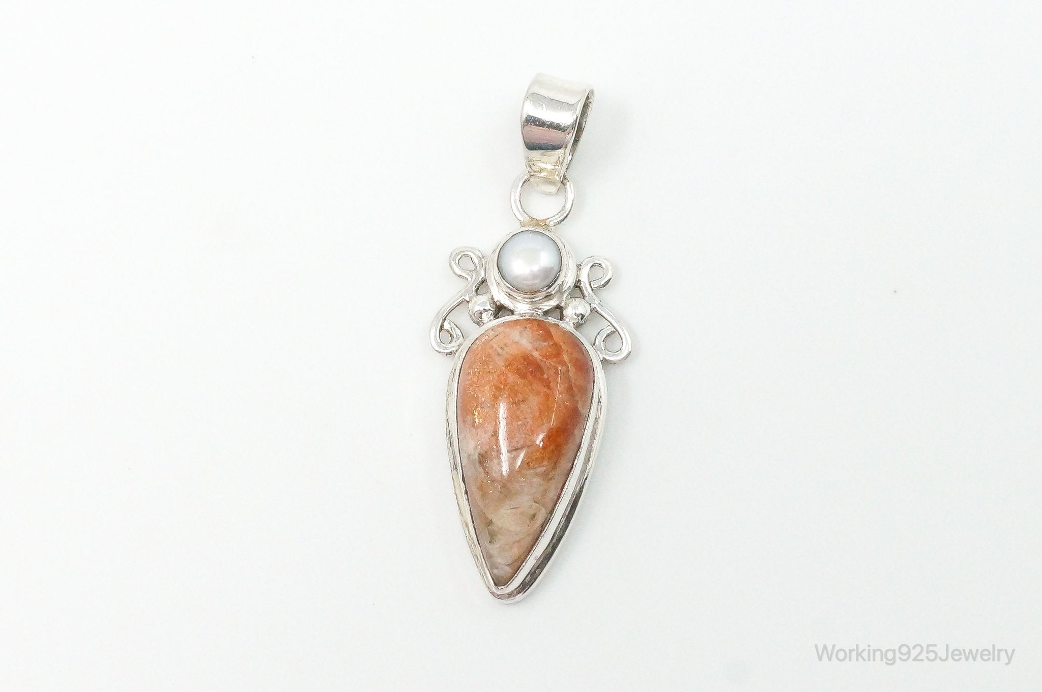 Large Vintage Sunstone Pearl Sterling Silver Pendant