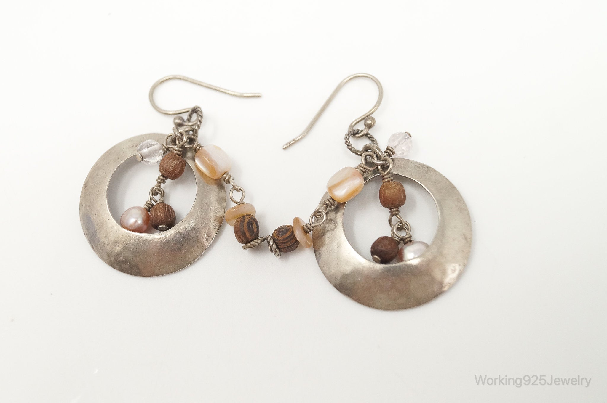 Designer Silpada Wood Quartz Pearl Hammered Sterling Silver Earrings