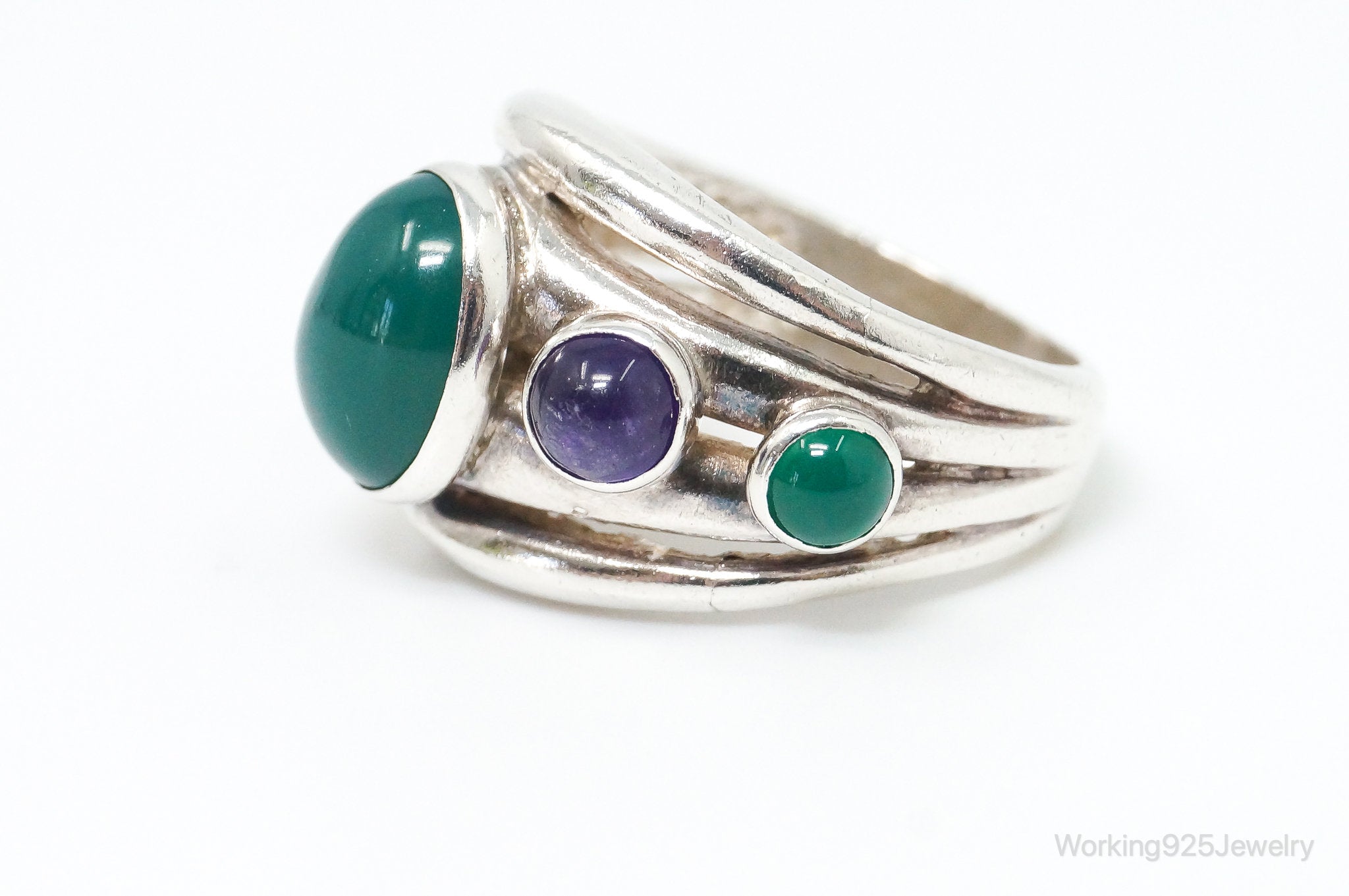 Vintage Green Onyx Amethyst Sterling Silver Ring - Size 6