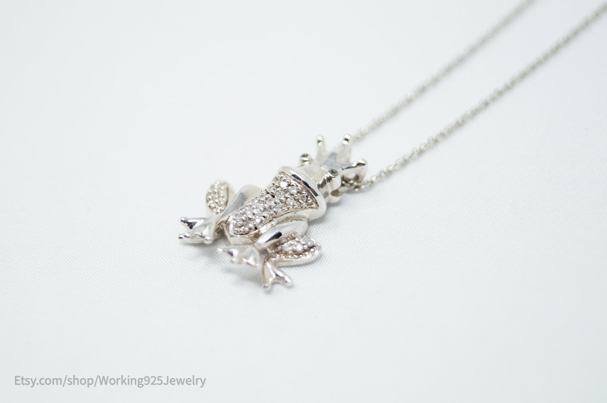 Vintage Diamond King Frog Toad Sterling Silver Necklace