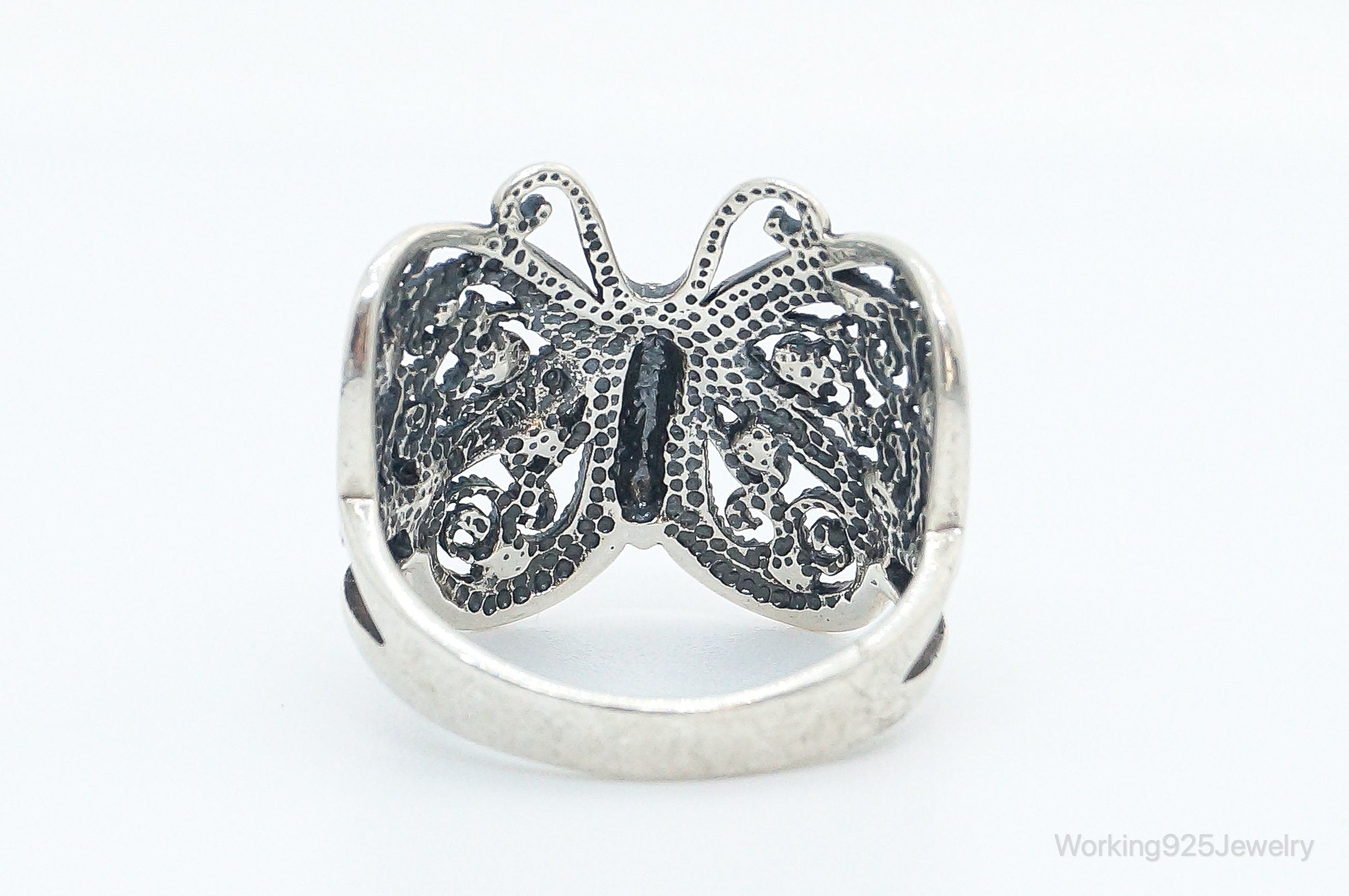 Vintage Butterfly Cubic Zirconia Scroll Sterling Silver Ring - Size 9.5