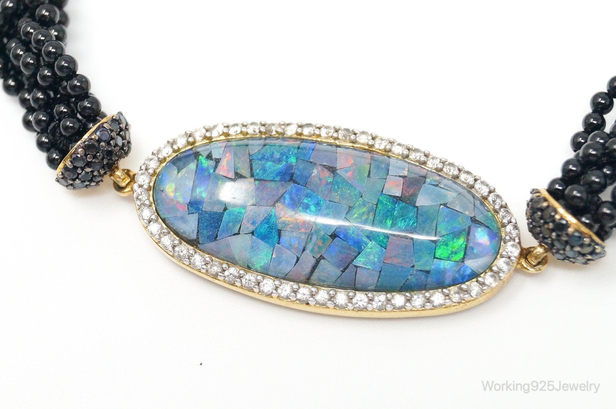 Designer Blue Fire Opal Inlay Multi Gem Gold Vermeil Sterling Silver Bracelet