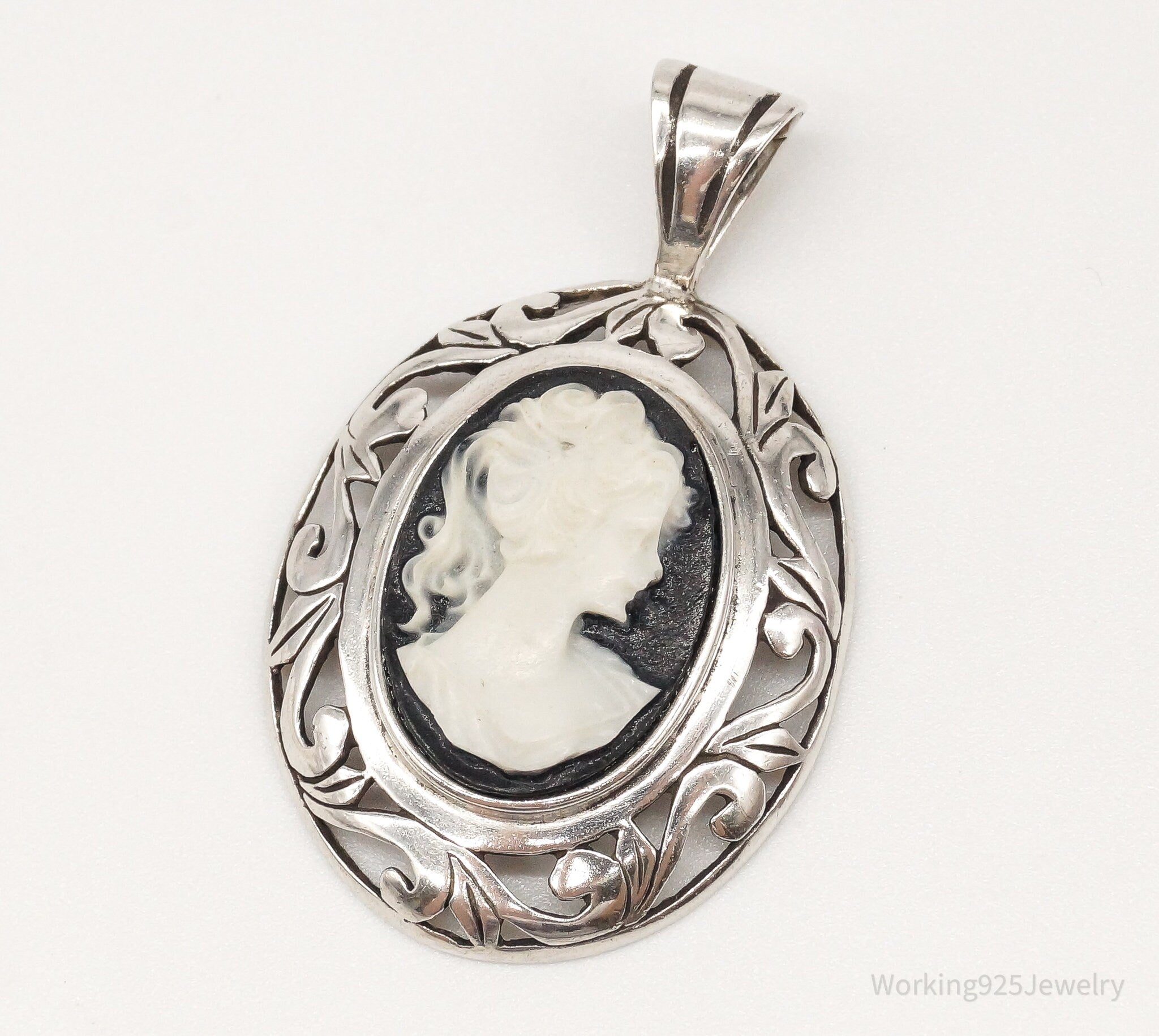 Vintage Designer Jezlaine Carved Cameo Woman Sterling Silver Pendant