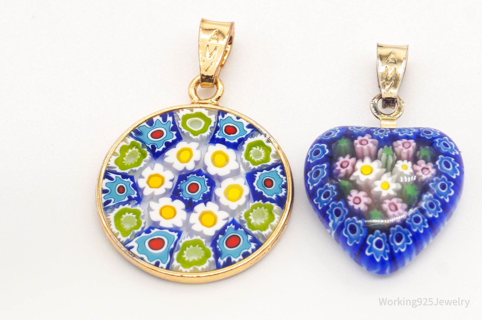 Vintage Glass Murano Millefiori Flowers Sterling Silver Gold Vermeil Pendant Set