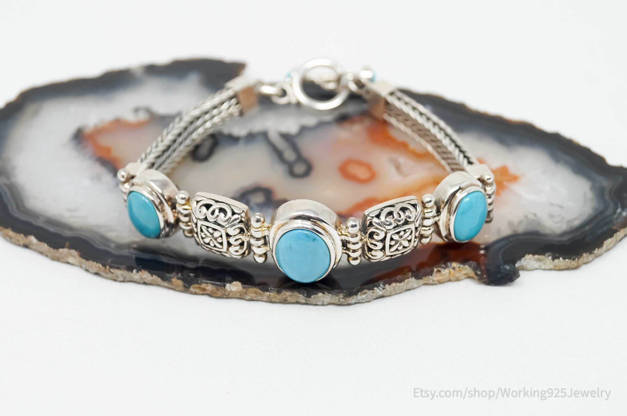 Vintage Blue Turquoise Sterling Silver Southwestern Bali Toggle Bracelet