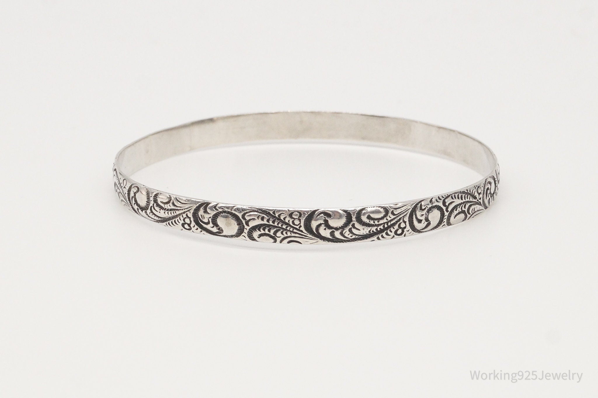 Antique Sterling Silver Floral Motif Bangle Bracelet