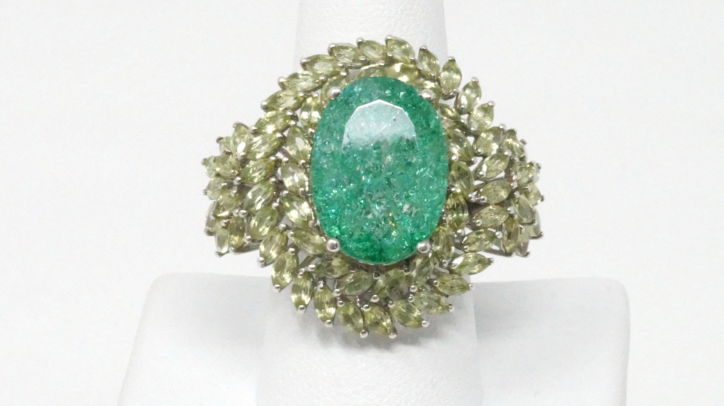 Vintage Emerald and Cubic Zirconia Sterling Silver Statement Ring - Size 9