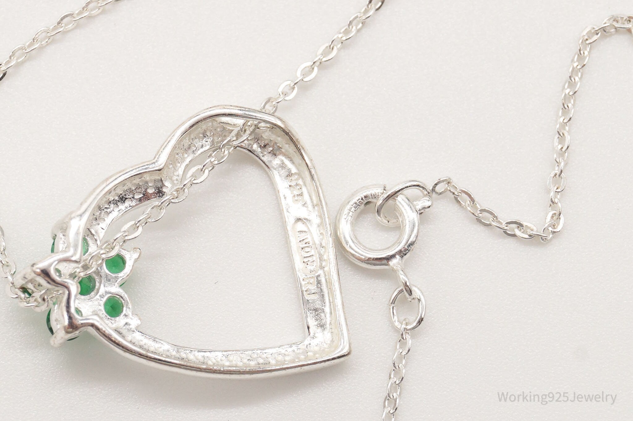 Vintage Designer Avon Green Cubic Zirconia Heart Sterling Silver Necklace