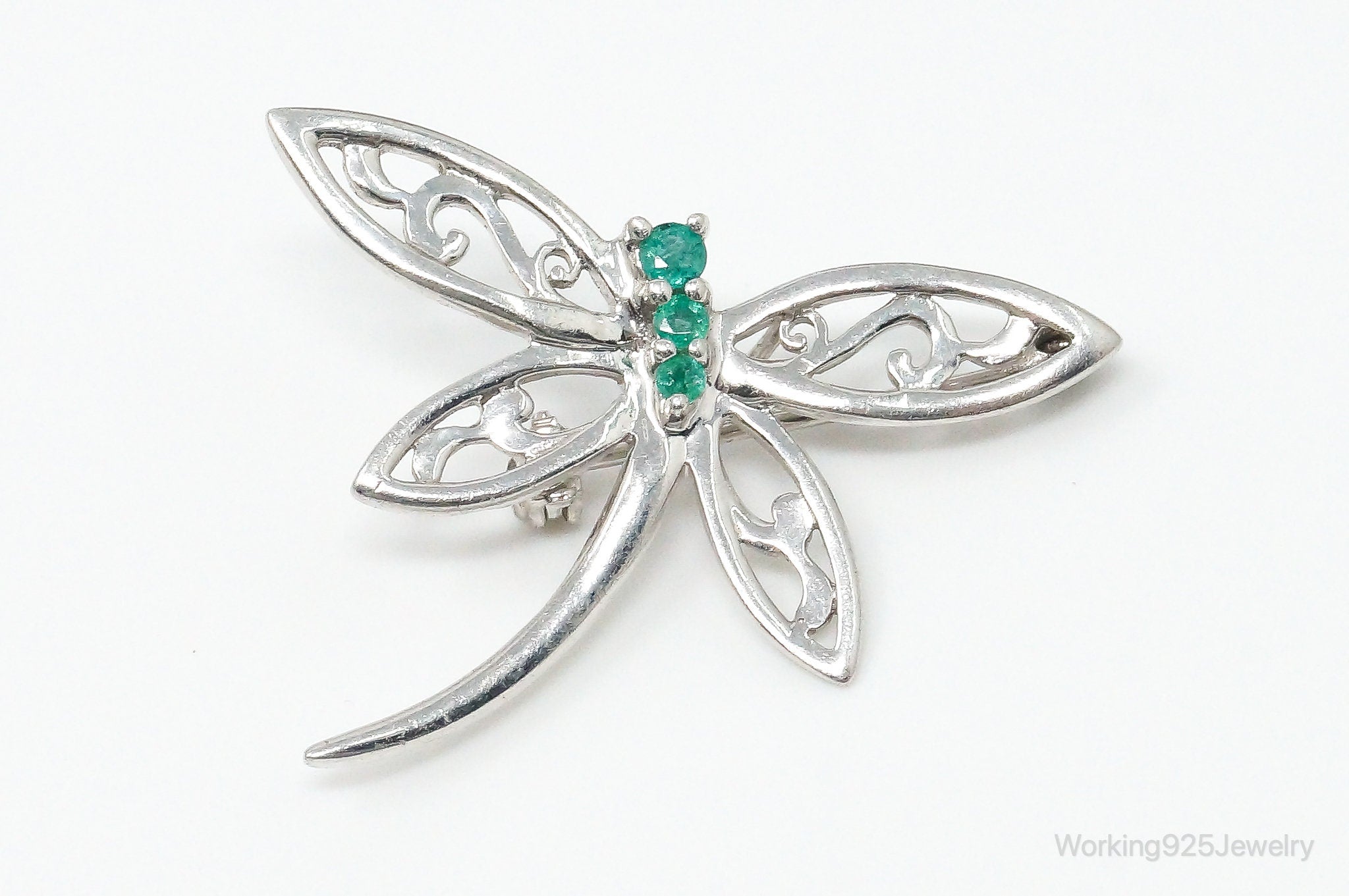 Vintage Emerald Dragonfly Sterling Silver Pin Brooch Necklace Pendant