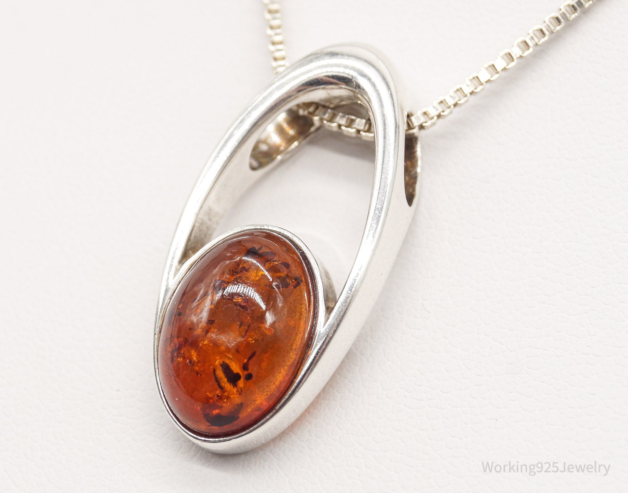 Vintage Amber Modernist Sterling Silver Chain Necklace