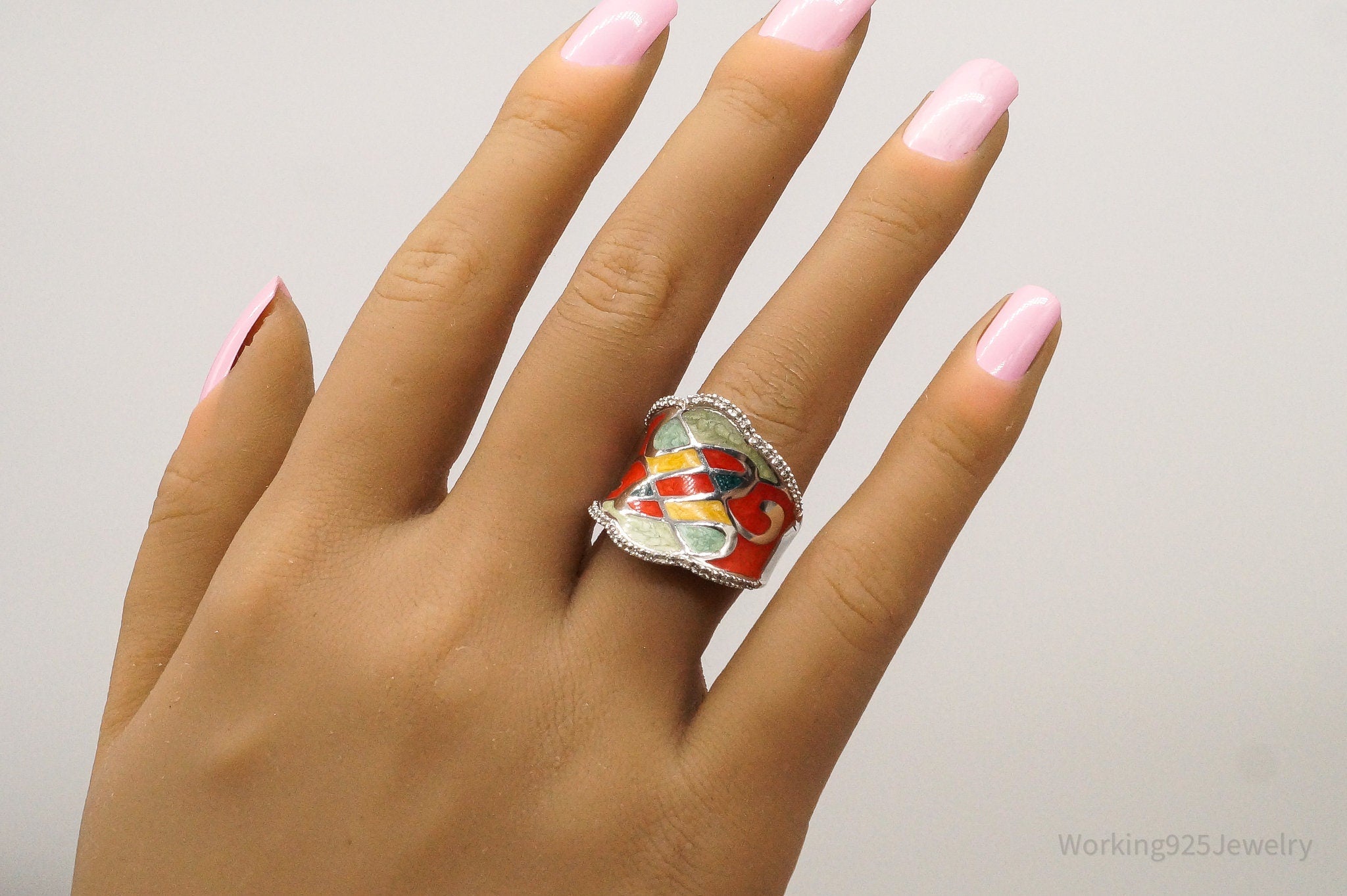 Designer JWBR Diamond Colorful Enamel Sterling Silver Ring - Size 6.75