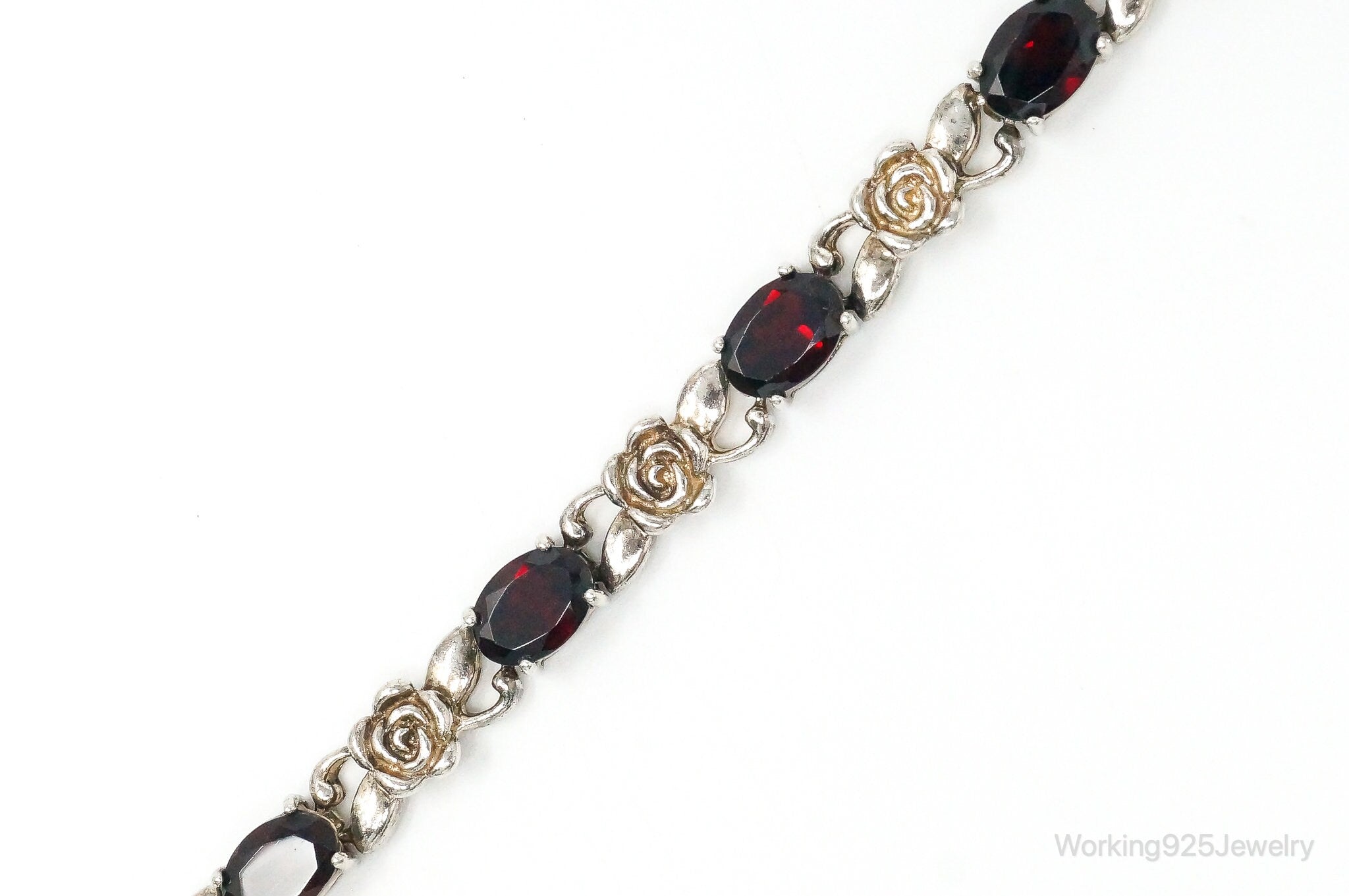 Vintage Garnets & Roses Sterling Silver Bracelet