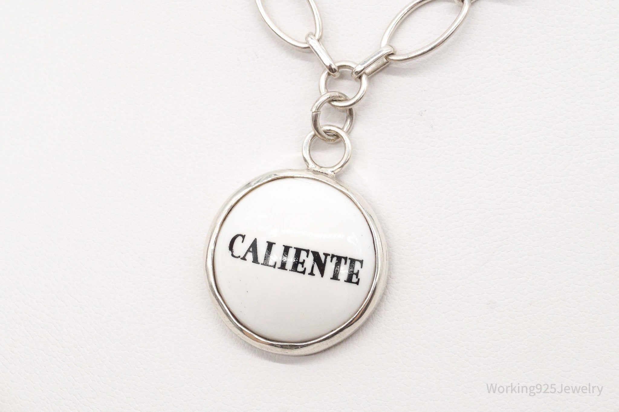 Vintage "Caliente" Porcelain Pendant Chainlink Sterling Silver Necklace