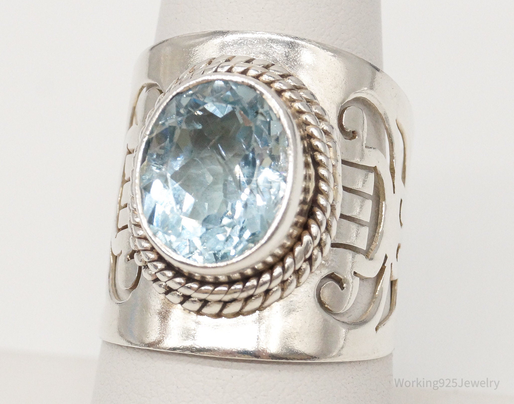 Vintage Large Blue Topaz Sterling Silver Ring - Size 8.25