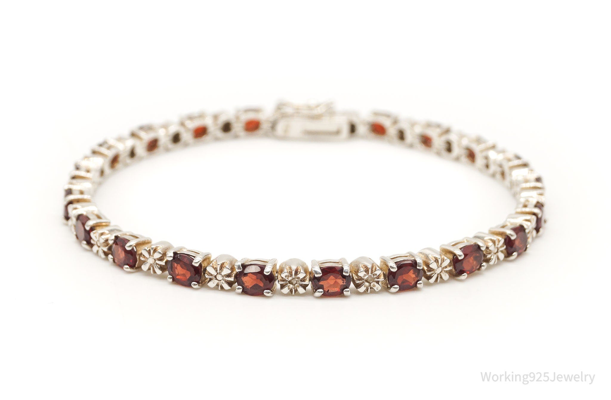 Vintage Garnet 2 Diamond Sterling Silver Bracelet