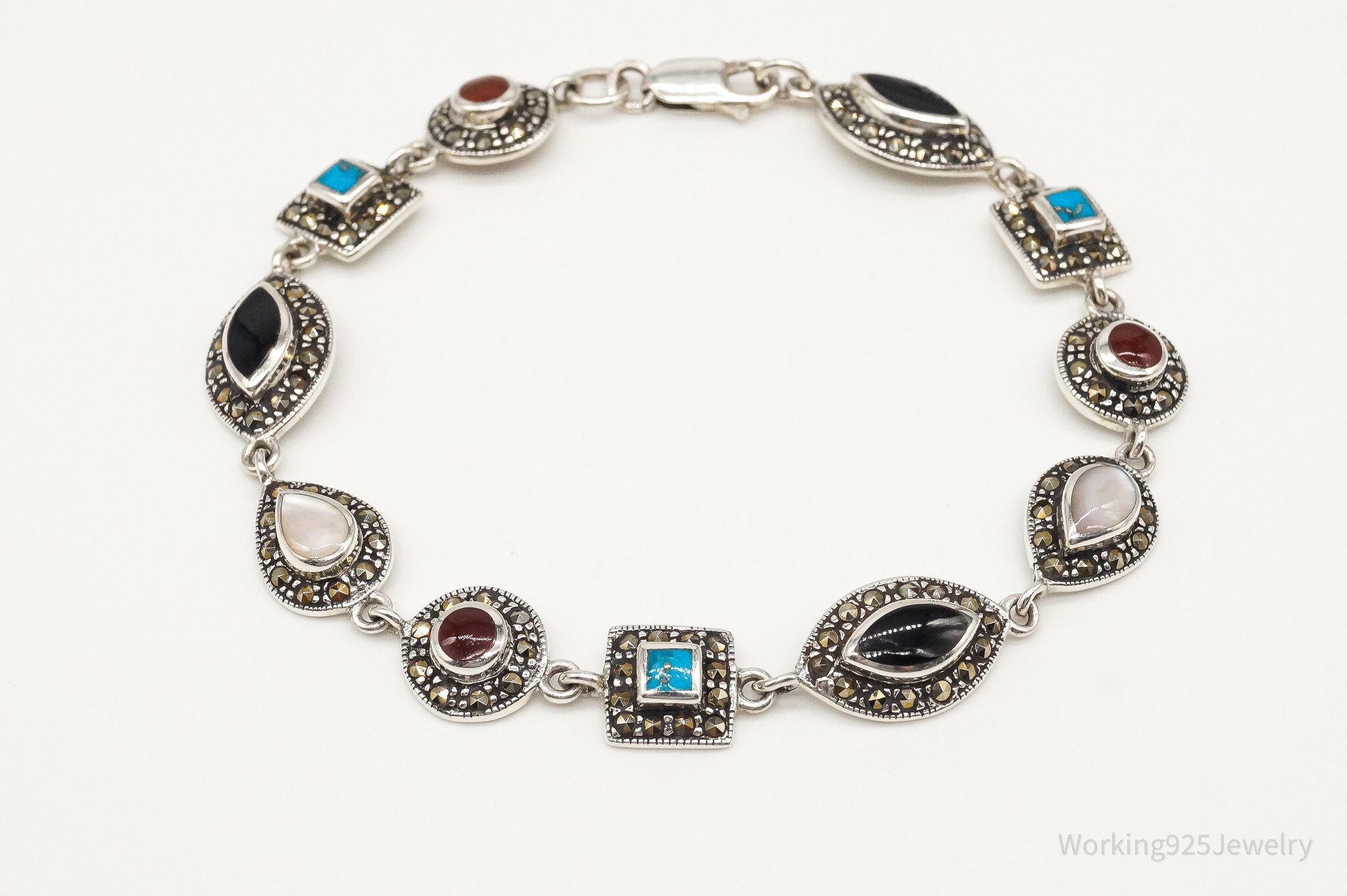 Vintage Art Deco Multiple Gemstone Sterling Silver Bracelet