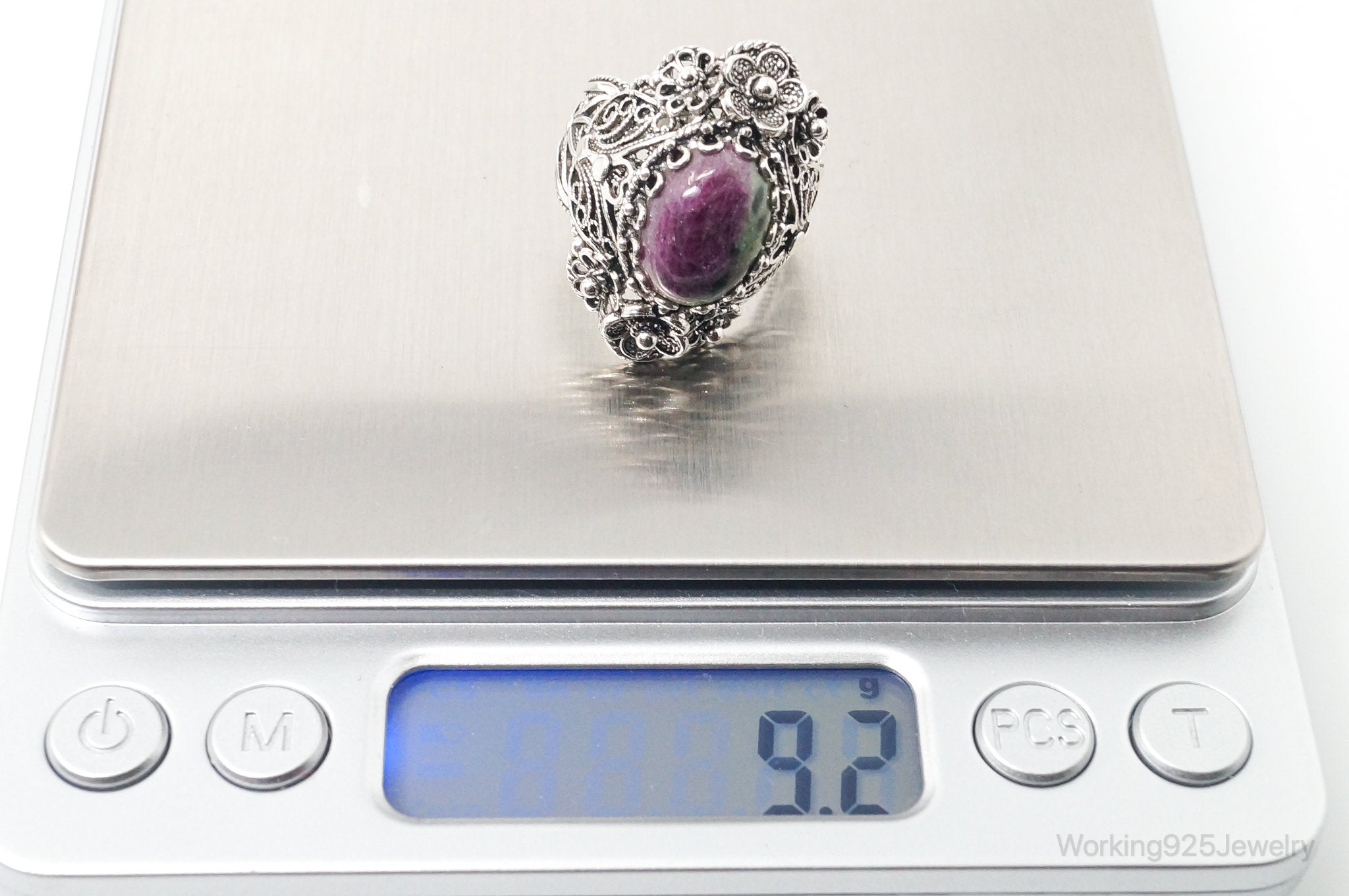 Vintage Designer DGS Ruby Zoisite Filigree Sterling Silver Ring - Size 10