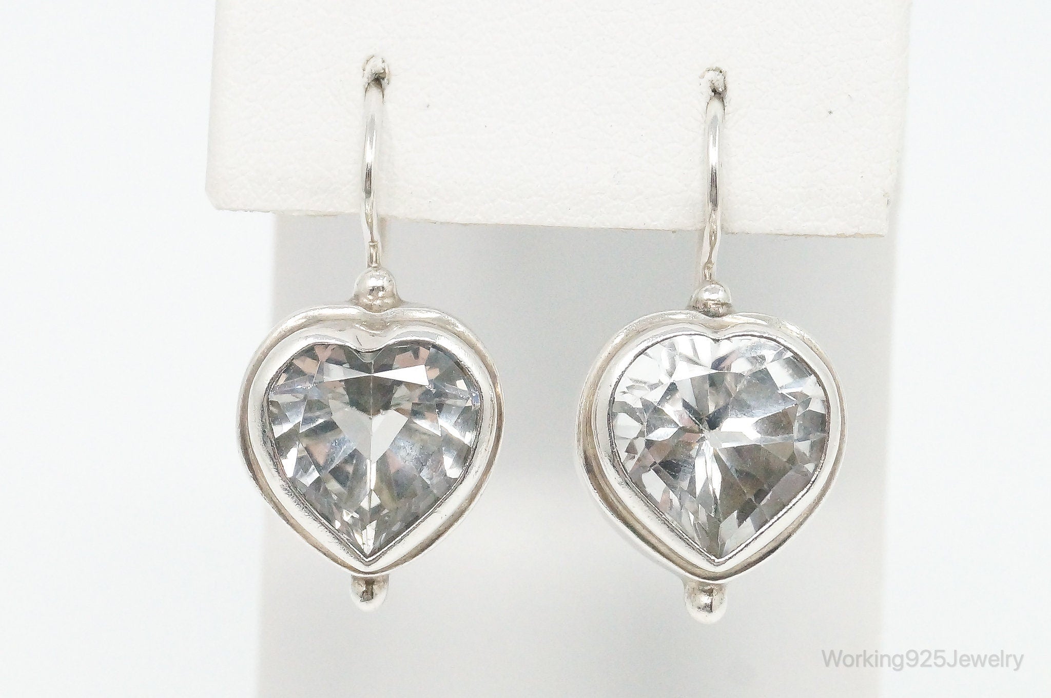 Vintage Large Cubic Zirconia Heart Sterling Silver Earrings