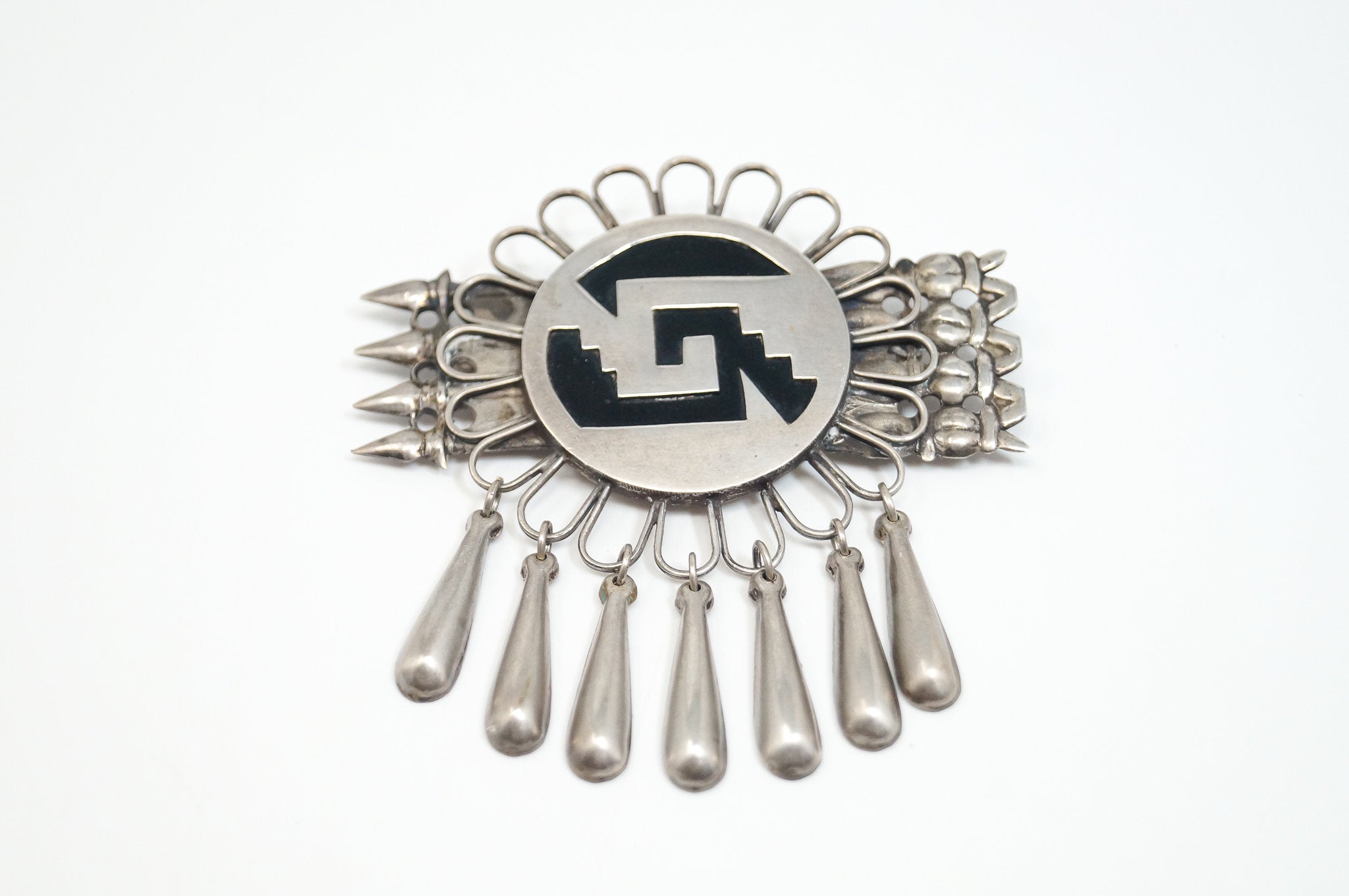 Large Vintage Mexico Handmade Aztec Dangle Silver Brooch Pin