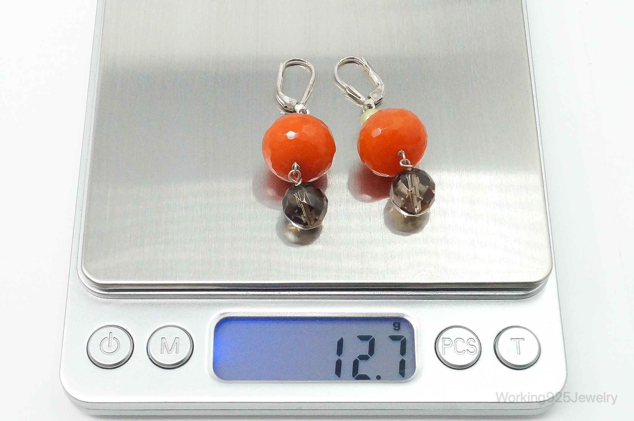 Vintage Carnelian Smoky Topaz Pearl Beads Sterling Silver Earrings