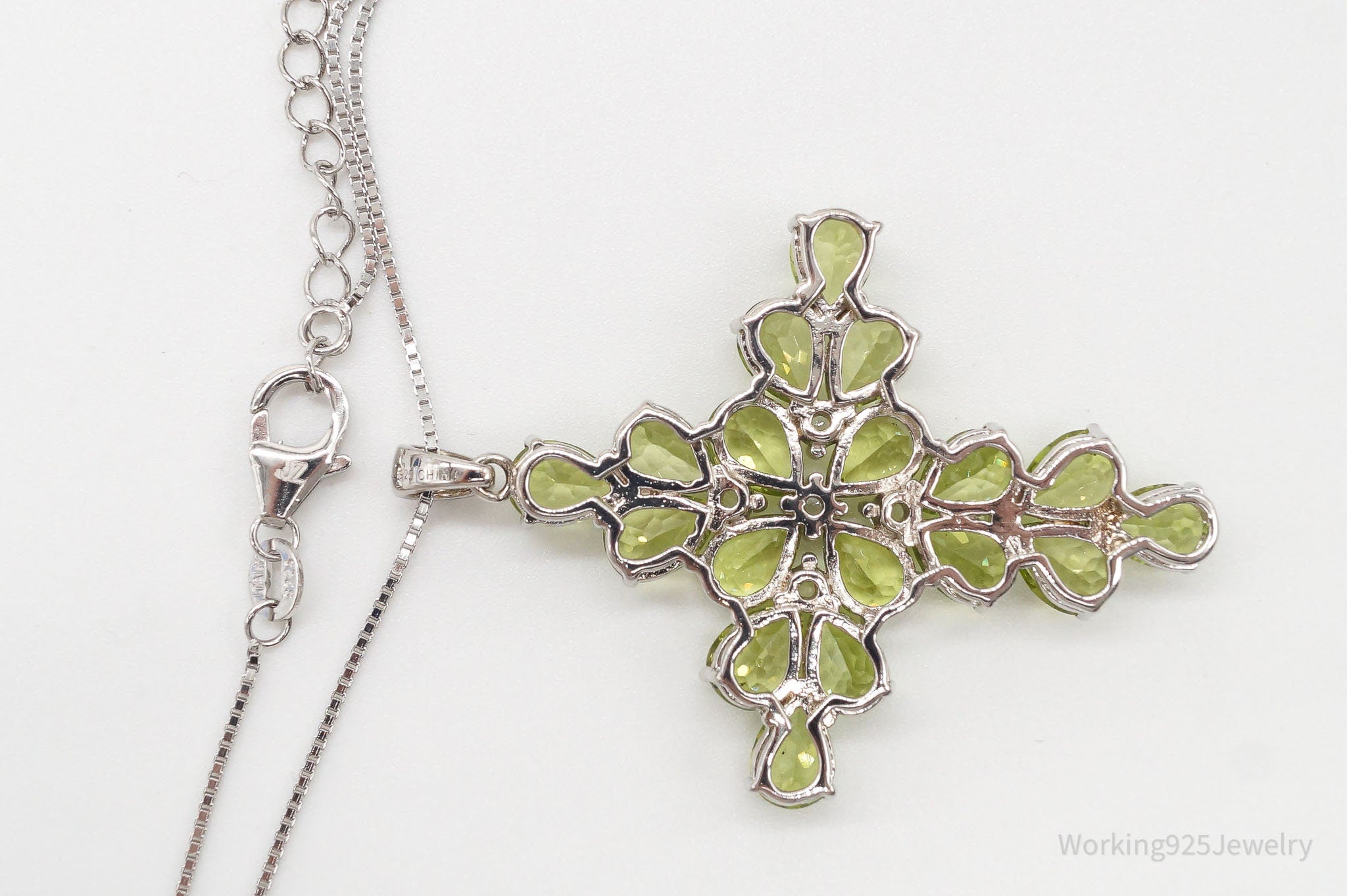 Designer Peridot White Topaz Rhodium Sterling Silver Cross Necklace