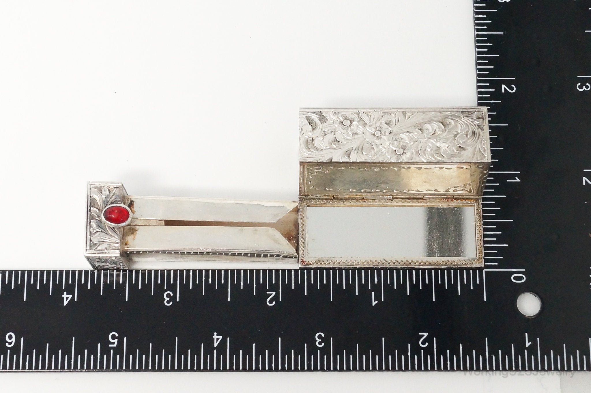 RARE Italian Antique Carnelian Floral Sterling Silver Lipstick Case & Mirror