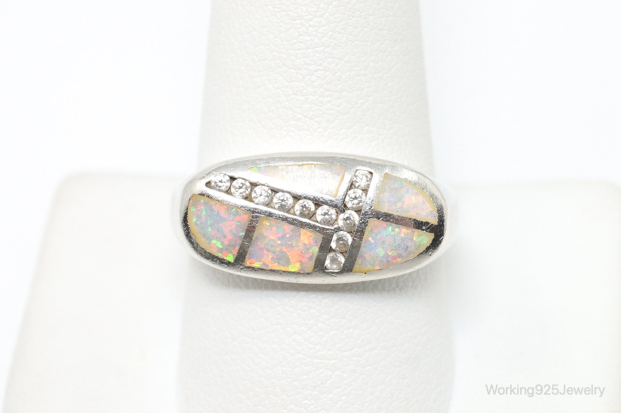 Vintage Art Deco Style Opal CZ Accented Sterling Silver Ring - Size 9.75