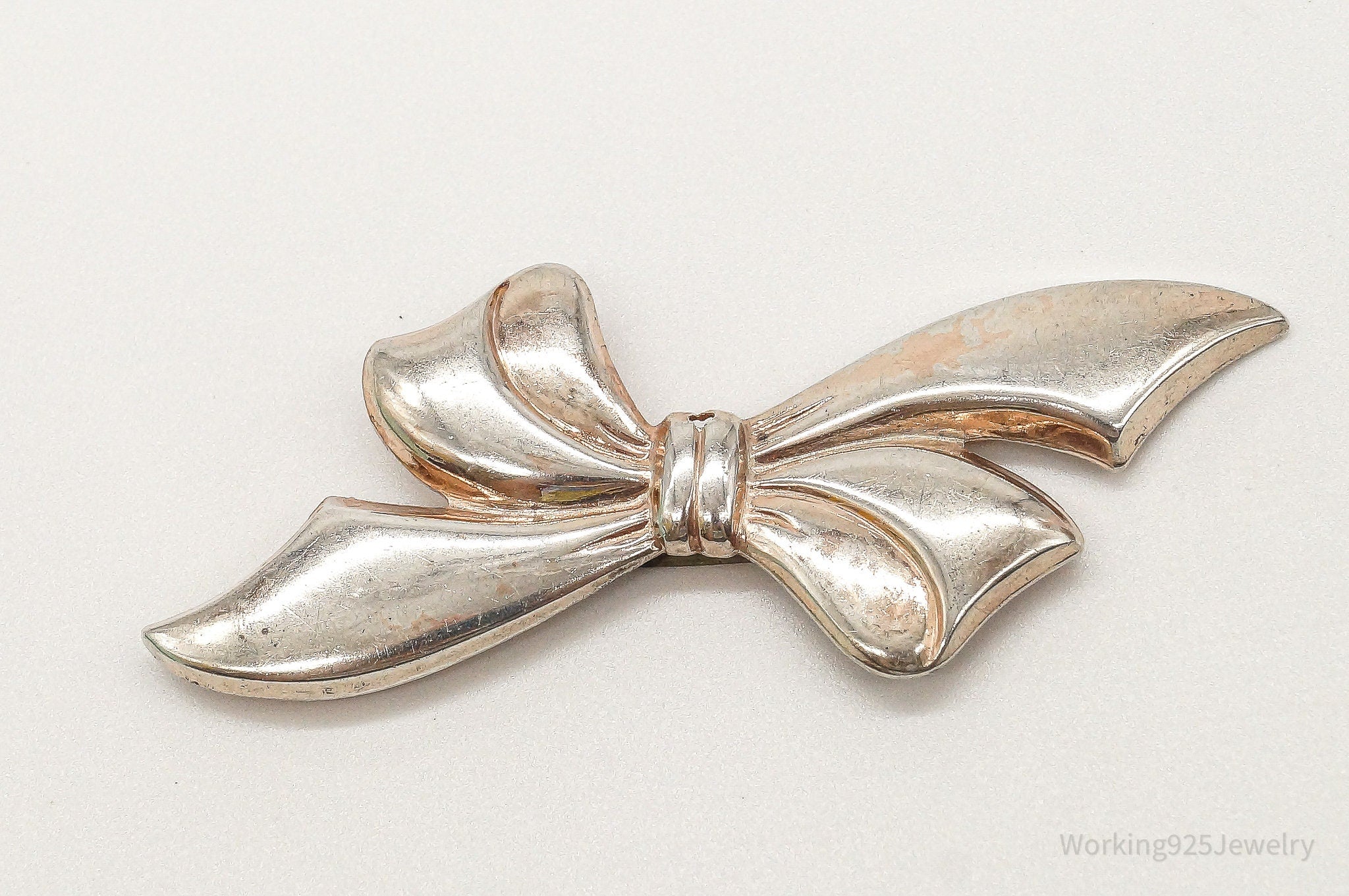 Antique Large Bow Tie Rose Gold Wash Sterling Silver Brooch Pin