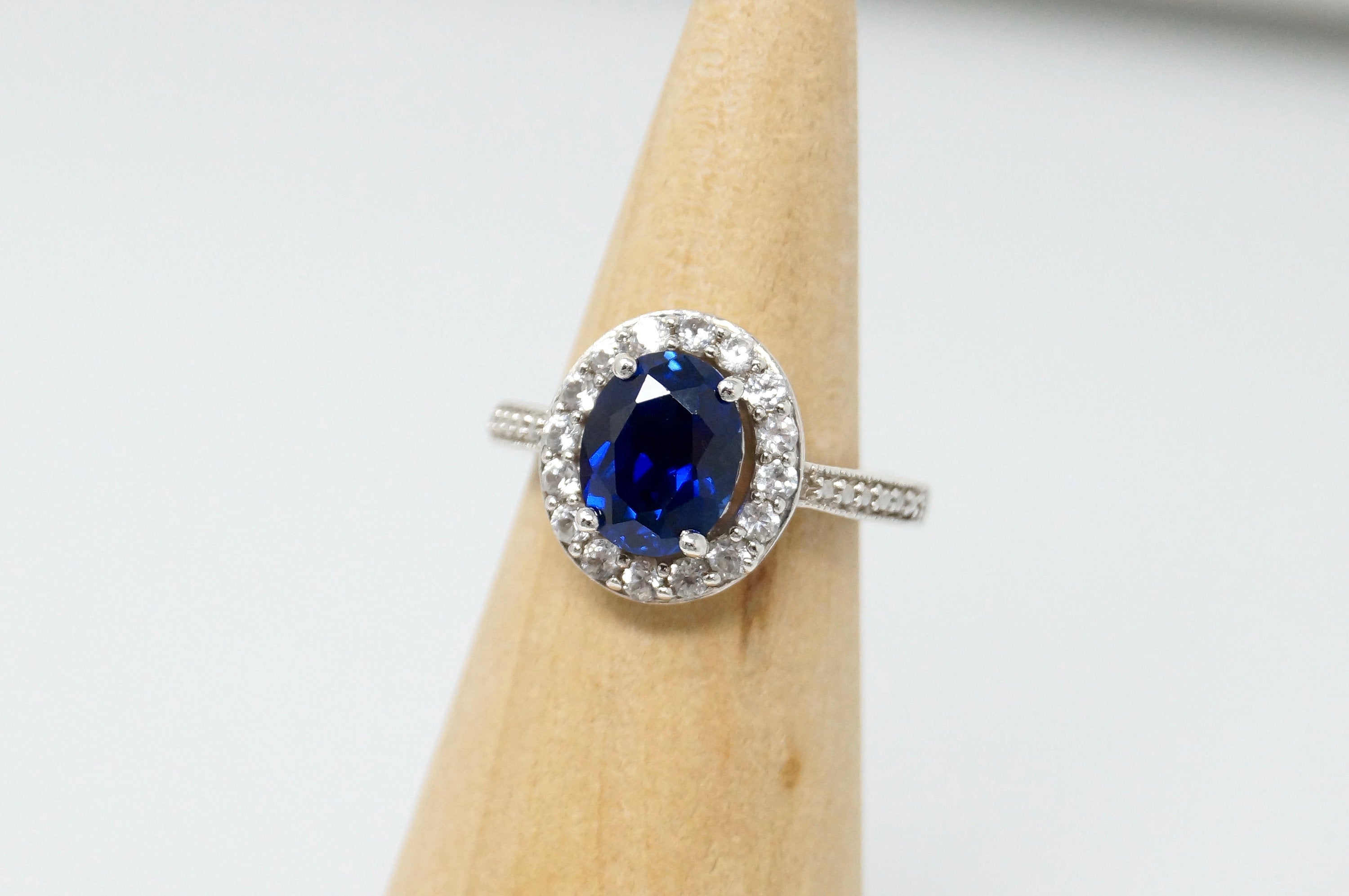 Vintage Art Deco Blue Sapphire Cz Statement Ring Sterling Silver Sz 5.25