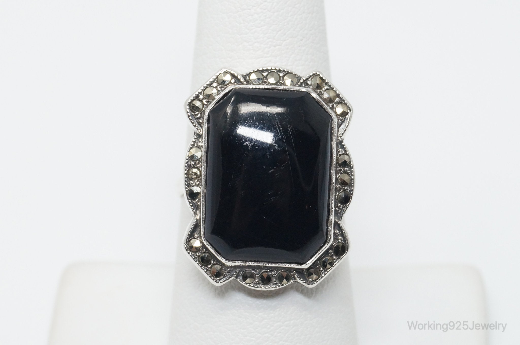 Antique Designer Uncas MFG CO Black Onyx Marcasite Sterling Silver Ring - SZ 7.5