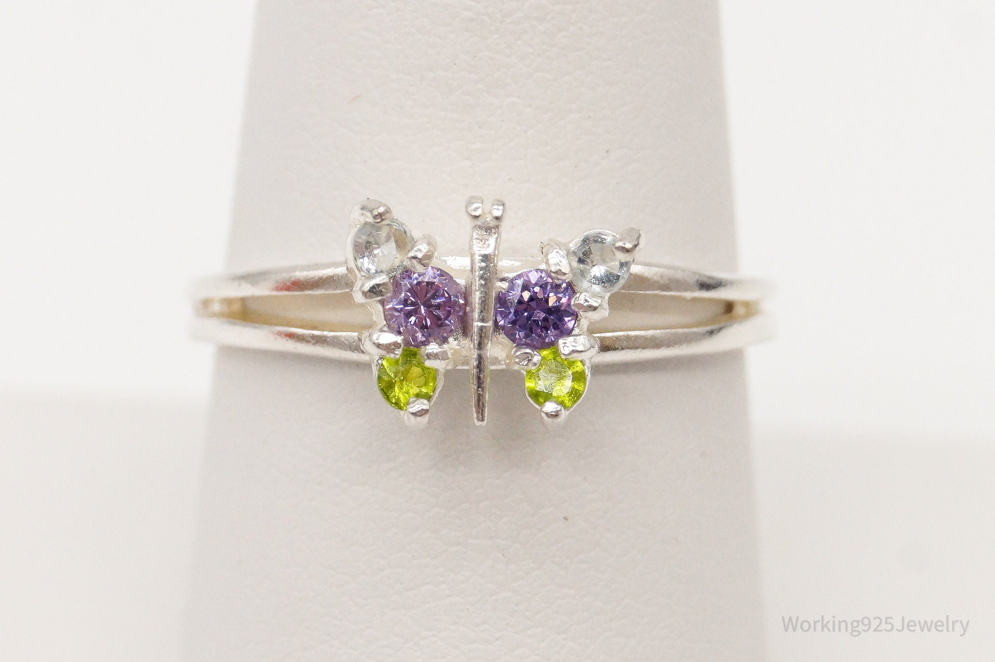 Multi Gemstone Sterling Silver Butterfly Ring - Size 8